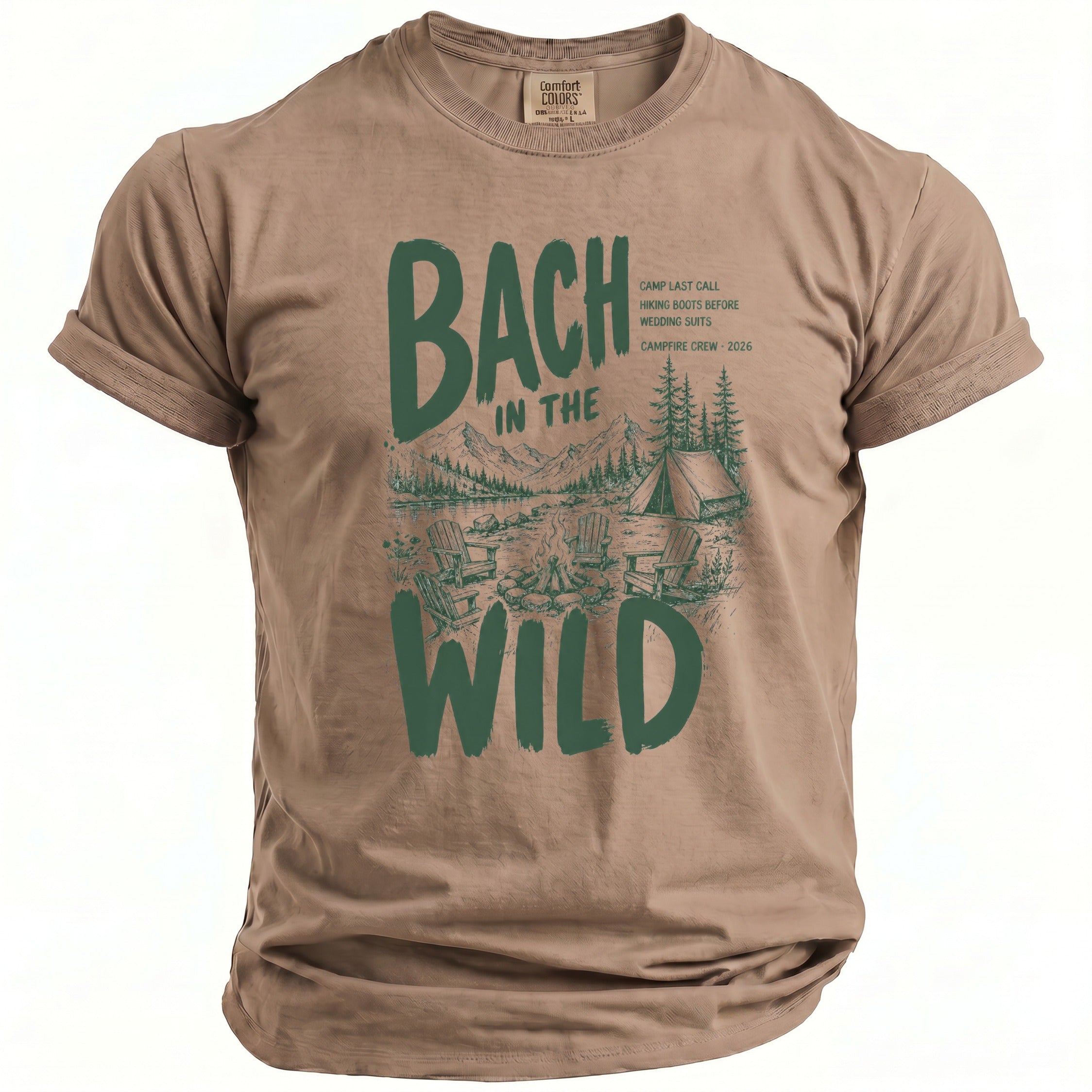 Tan t-shirt with "Bach In The Wild" text and camping scene graphic.