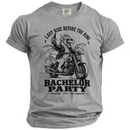 Dragon on motorcycle graphic with "Last Ride Before the Ring" and "Bachelor Party" text.