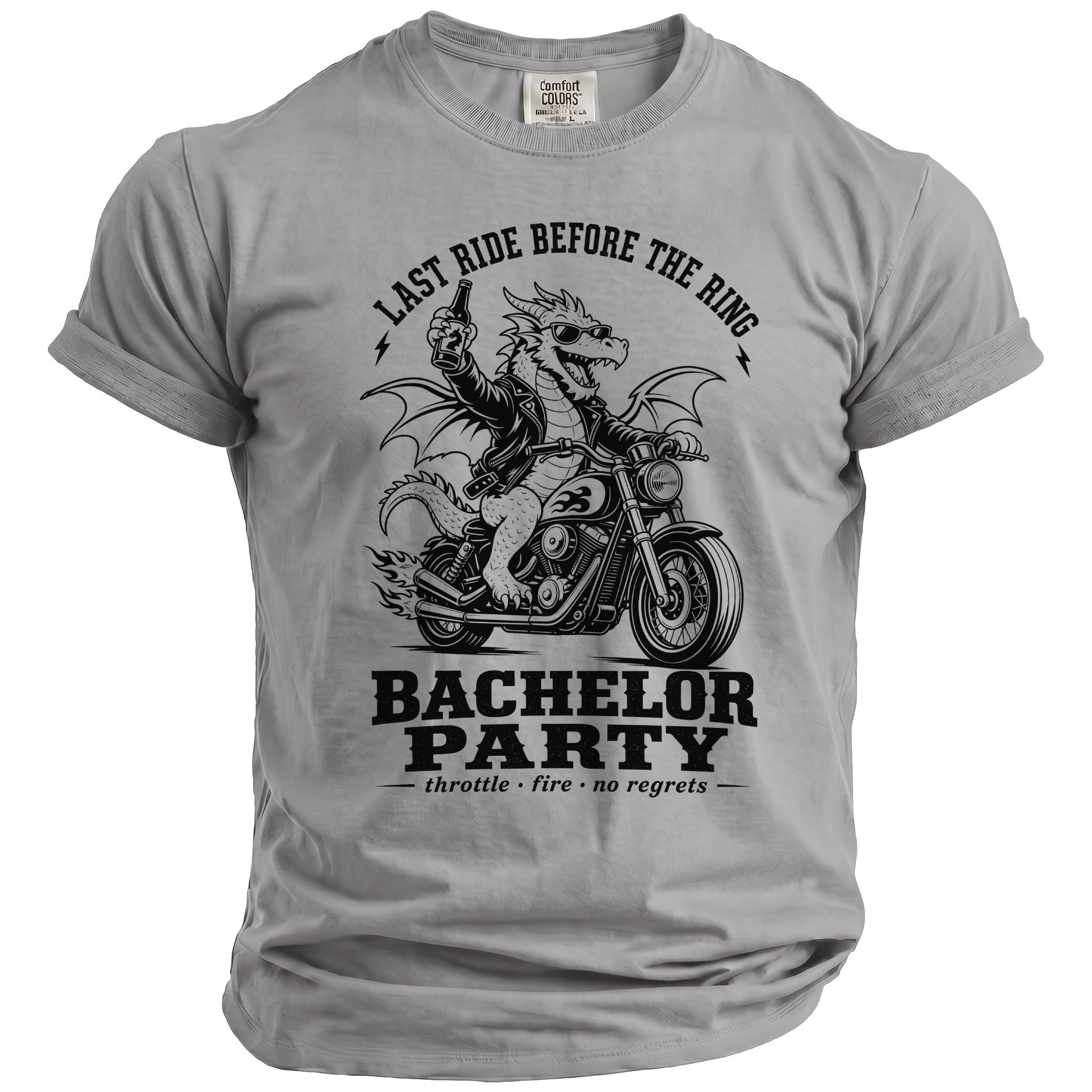 Dragon on motorcycle graphic with "Last Ride Before the Ring" and "Bachelor Party" text.