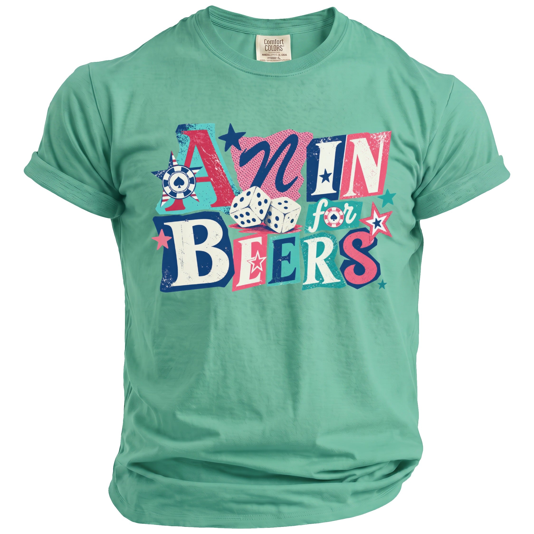 Green t-shirt with "AMN for BEERS" text and gambling graphics.