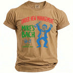 Tan t-shirt with "Under New Management Mike's Bach" event details.