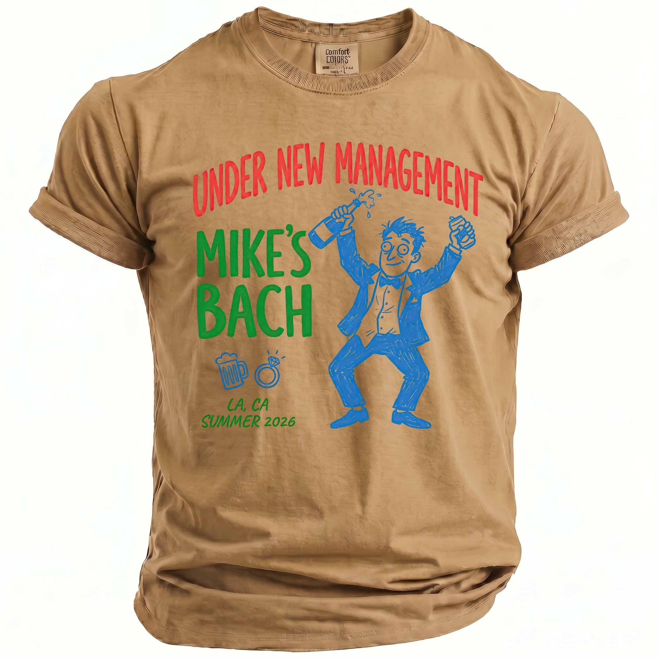 Tan t-shirt with "Under New Management Mike's Bach" event details.