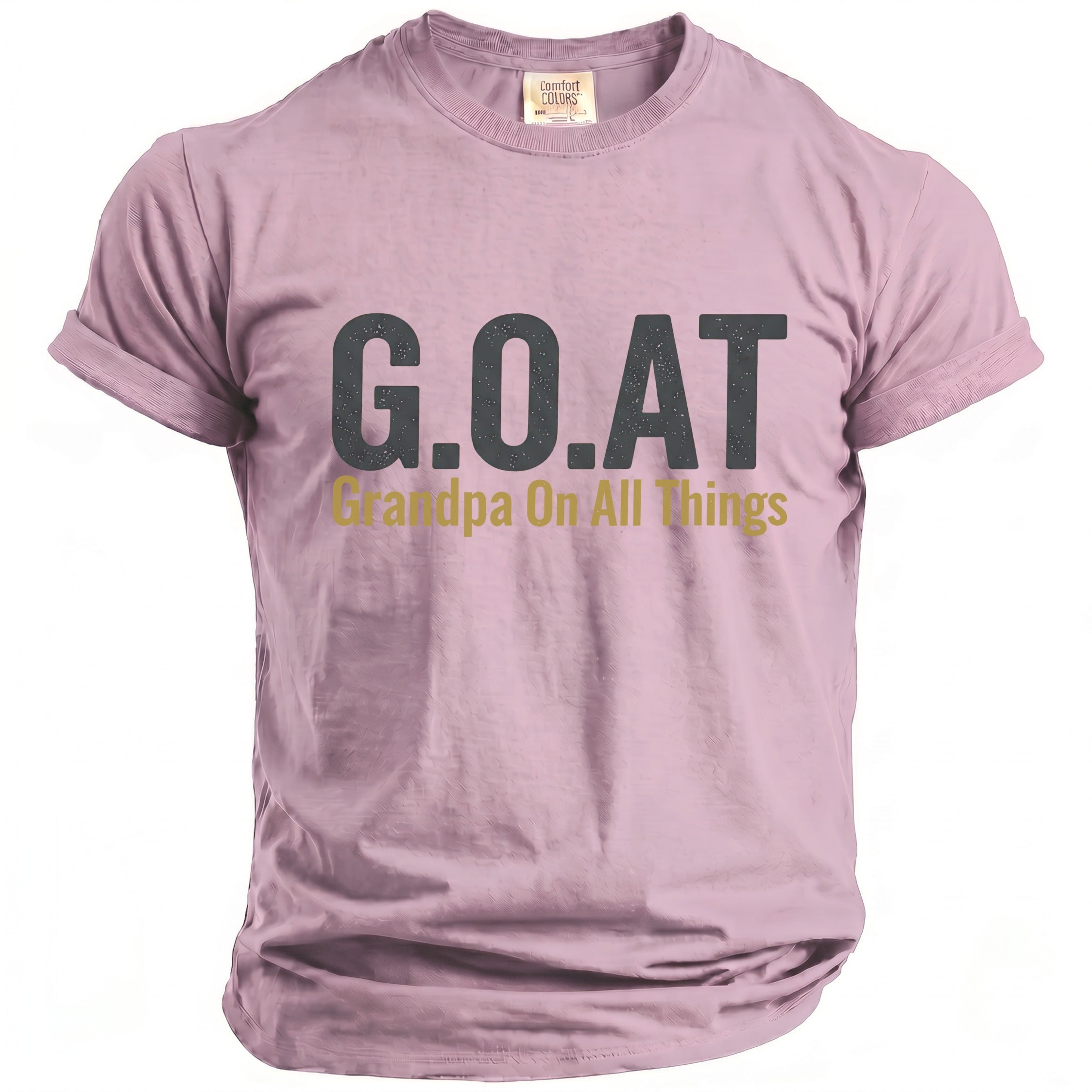 Pink t-shirt with "G.O.A.T Grandpa On All Things" text.