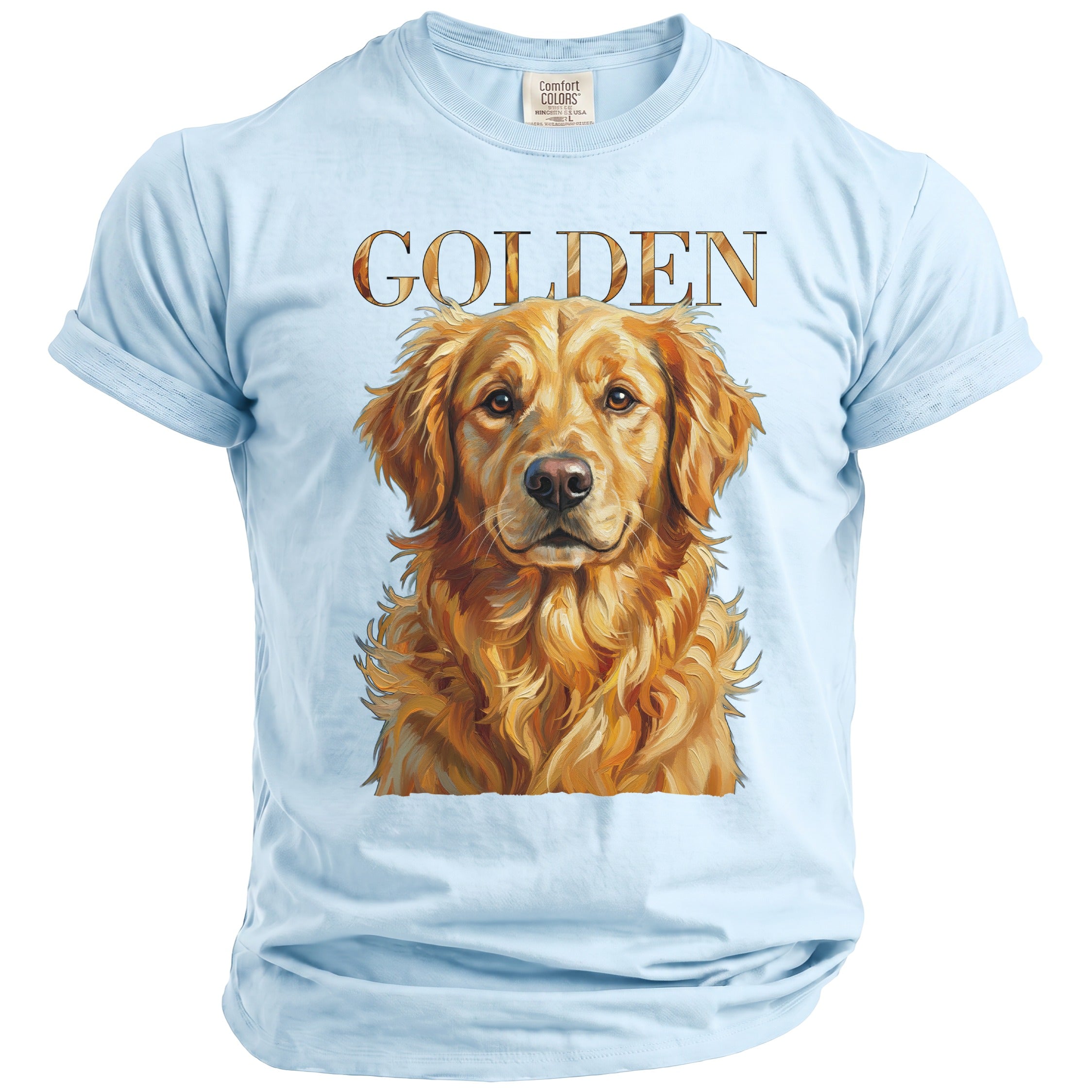 Light blue t-shirt with a realistic Golden Retriever portrait and the word "GOLDEN".