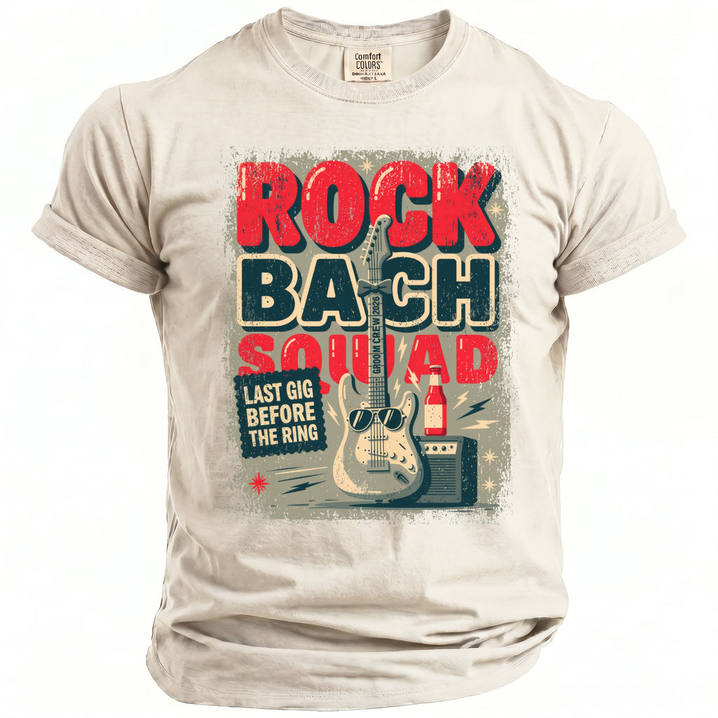T-shirt graphic: "ROCK BACH SQUAD" with guitar, beer, and "LAST GIG BEFORE THE RING".