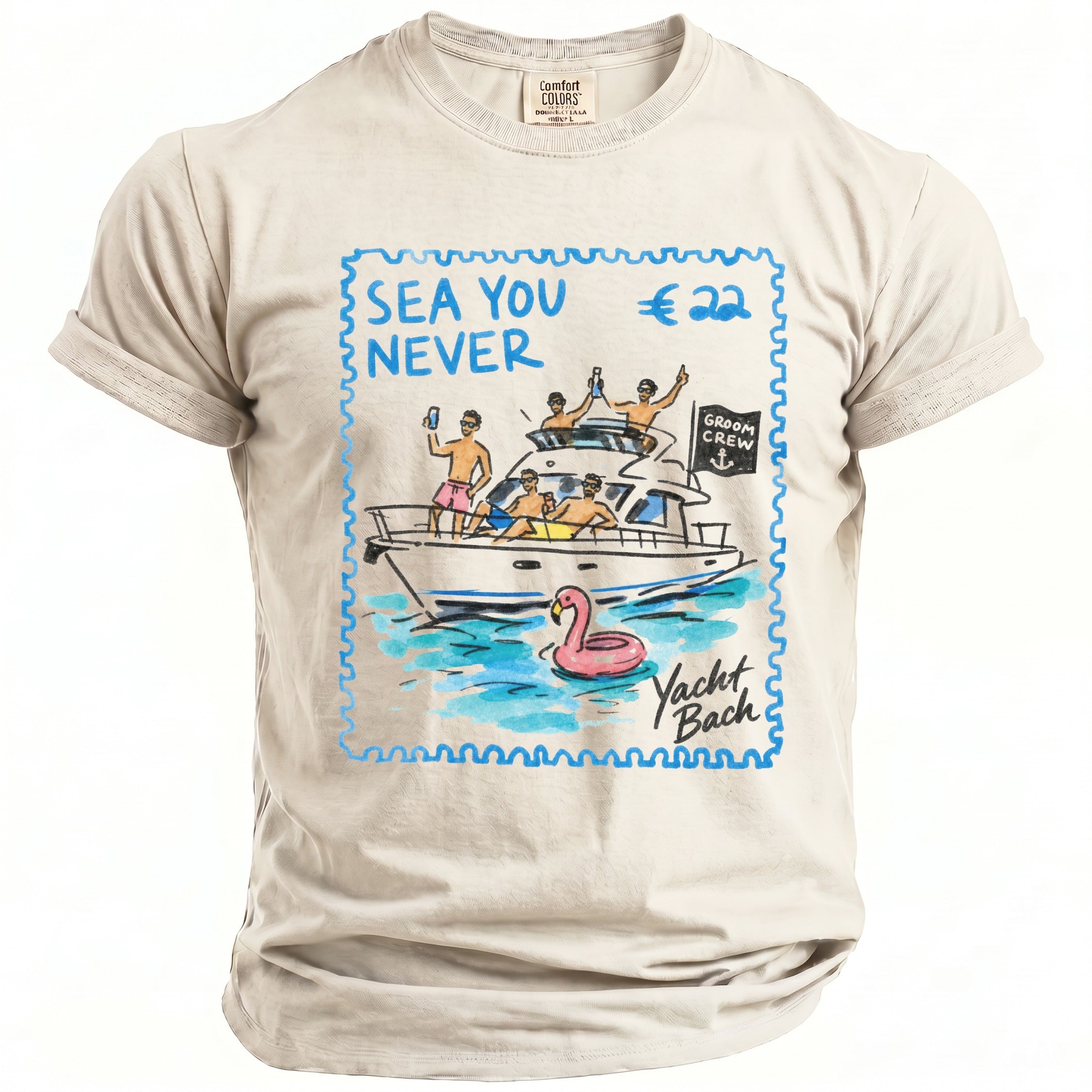 T-shirt with graphic of men on a yacht, "Sea You Never" and "Yacht Bach" text.