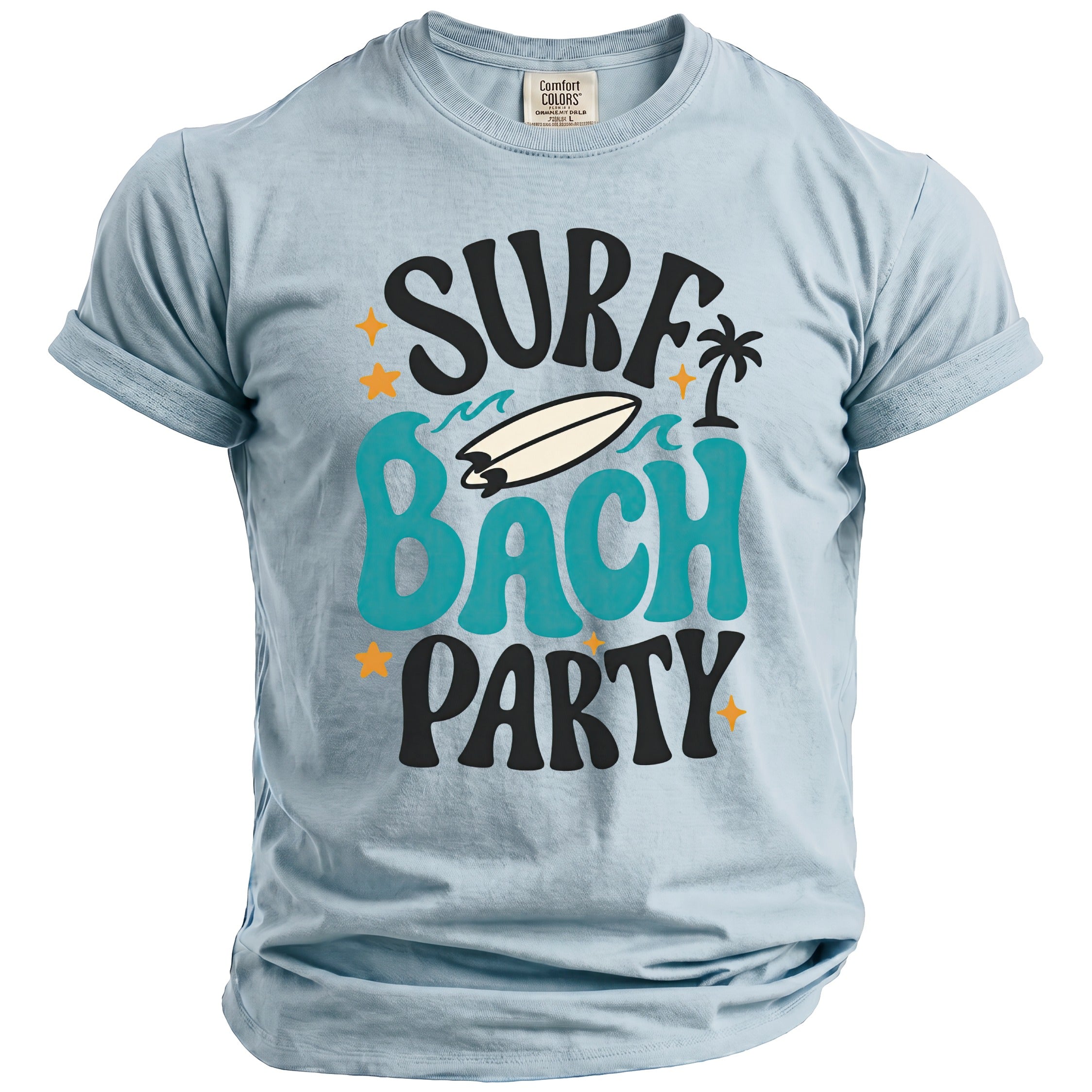 Light blue t-shirt with "Surf Bach Party" text, surfboard, waves, palm tree, and stars graphic.