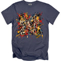 T-shirt with a multi-colored abstract paint splatter design and a signature.