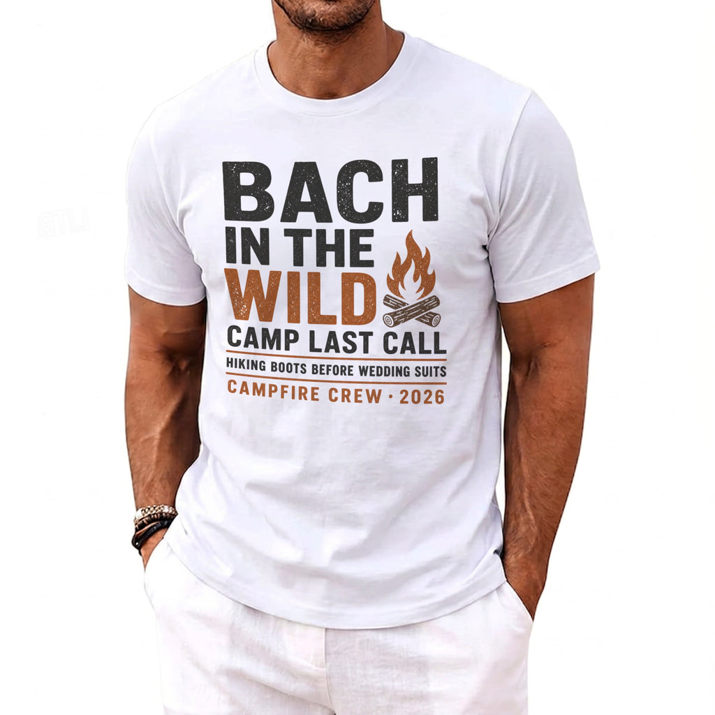 White t-shirt with "Bach in the Wild" text and campfire graphic.