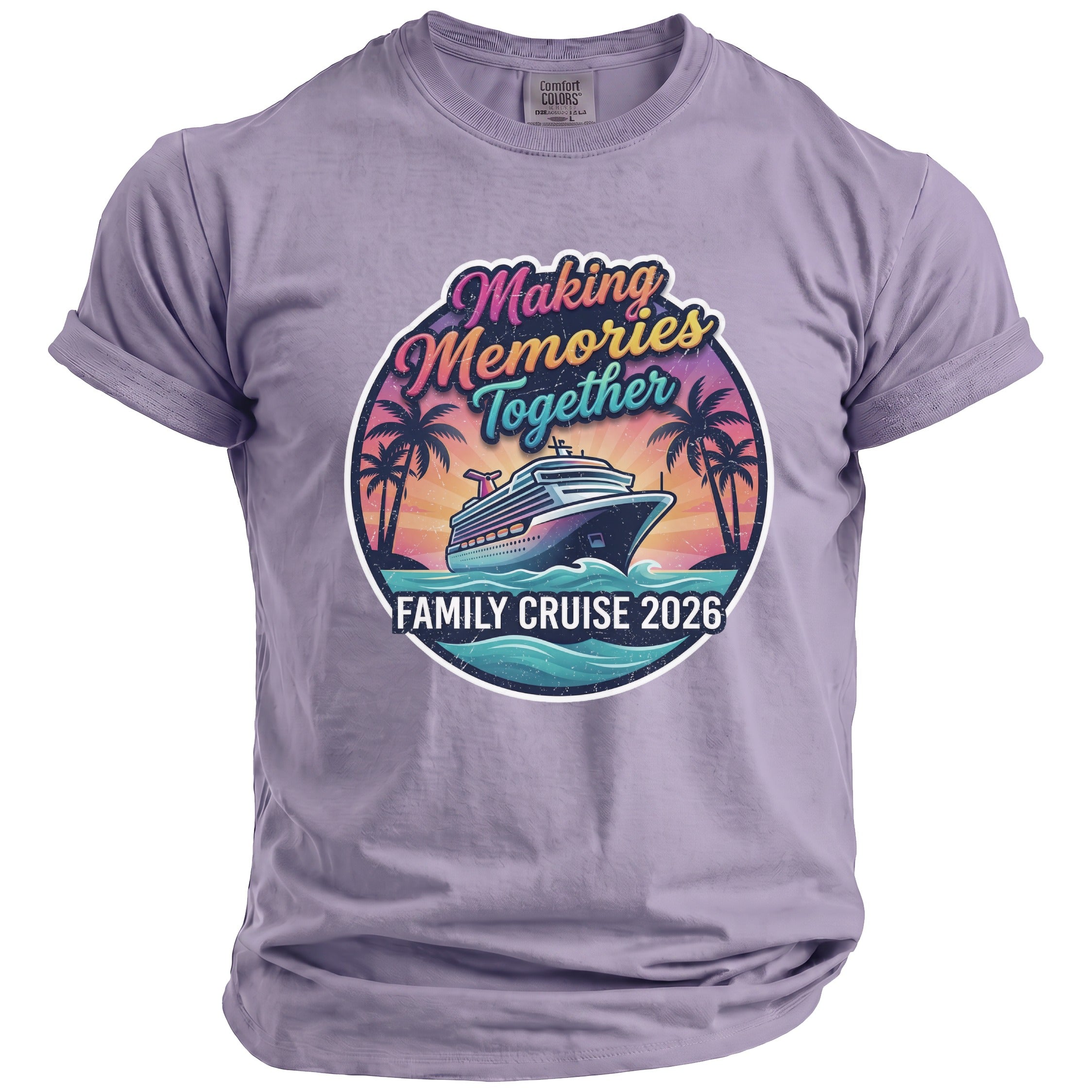Purple t-shirt with "Making Memories Together Family Cruise 2026" graphic.