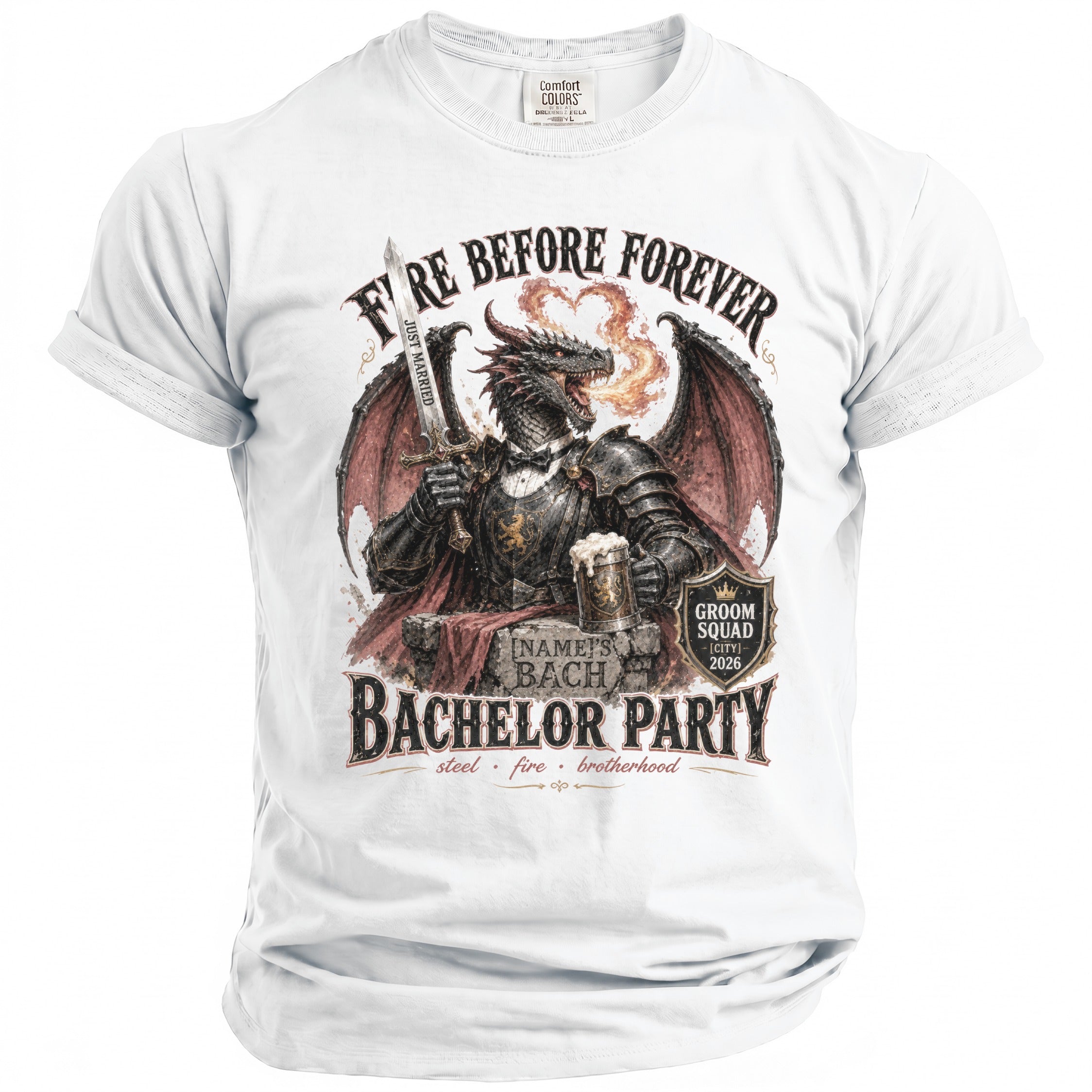 White t-shirt with dragon graphic reading "Fire Before Forever" and "Bachelor Party".