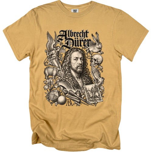 Albrecht Dürer portrait with art tools, skull, angel, and rabbit on a tan t-shirt.