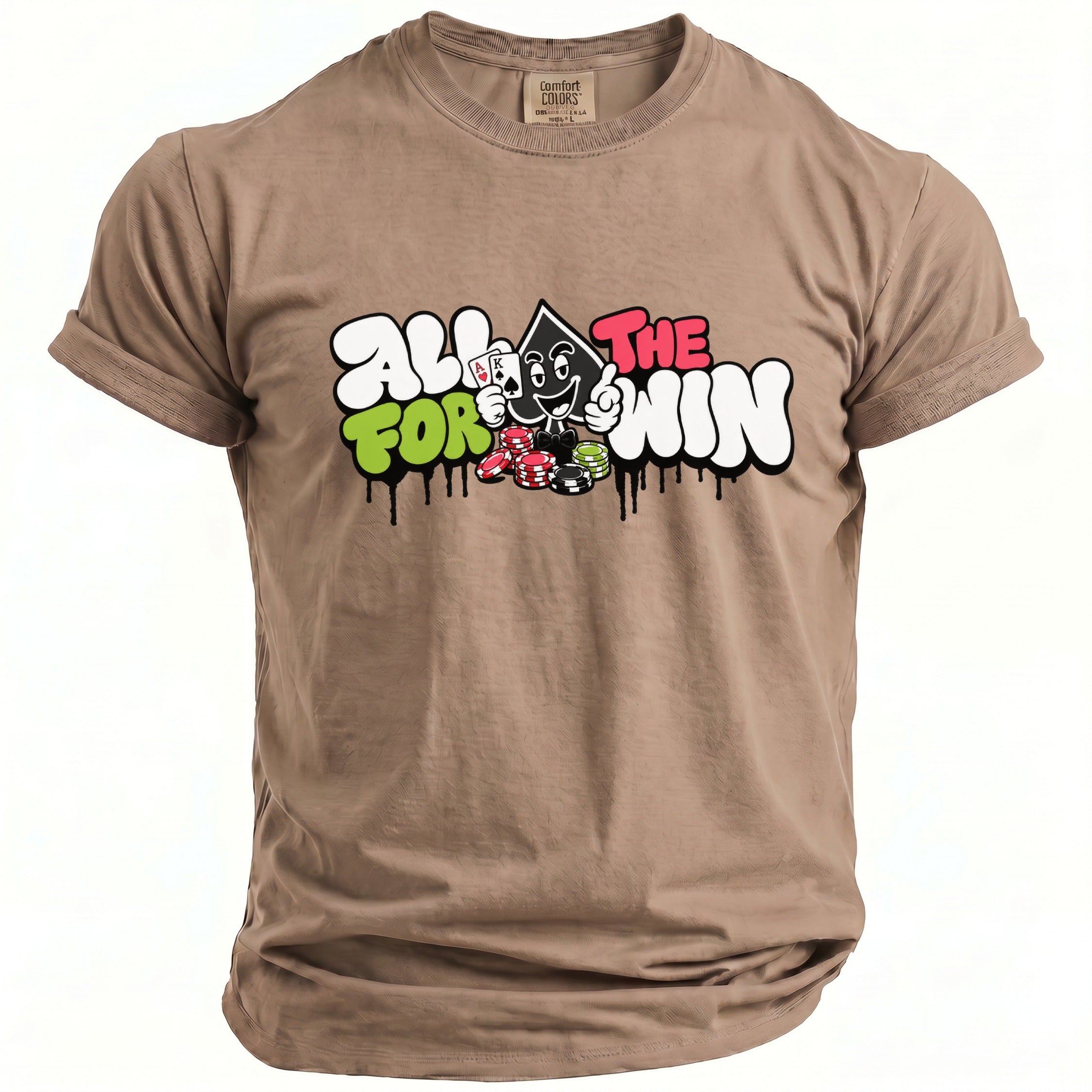 T-shirt with "All For The Win" text and gambling graphics.