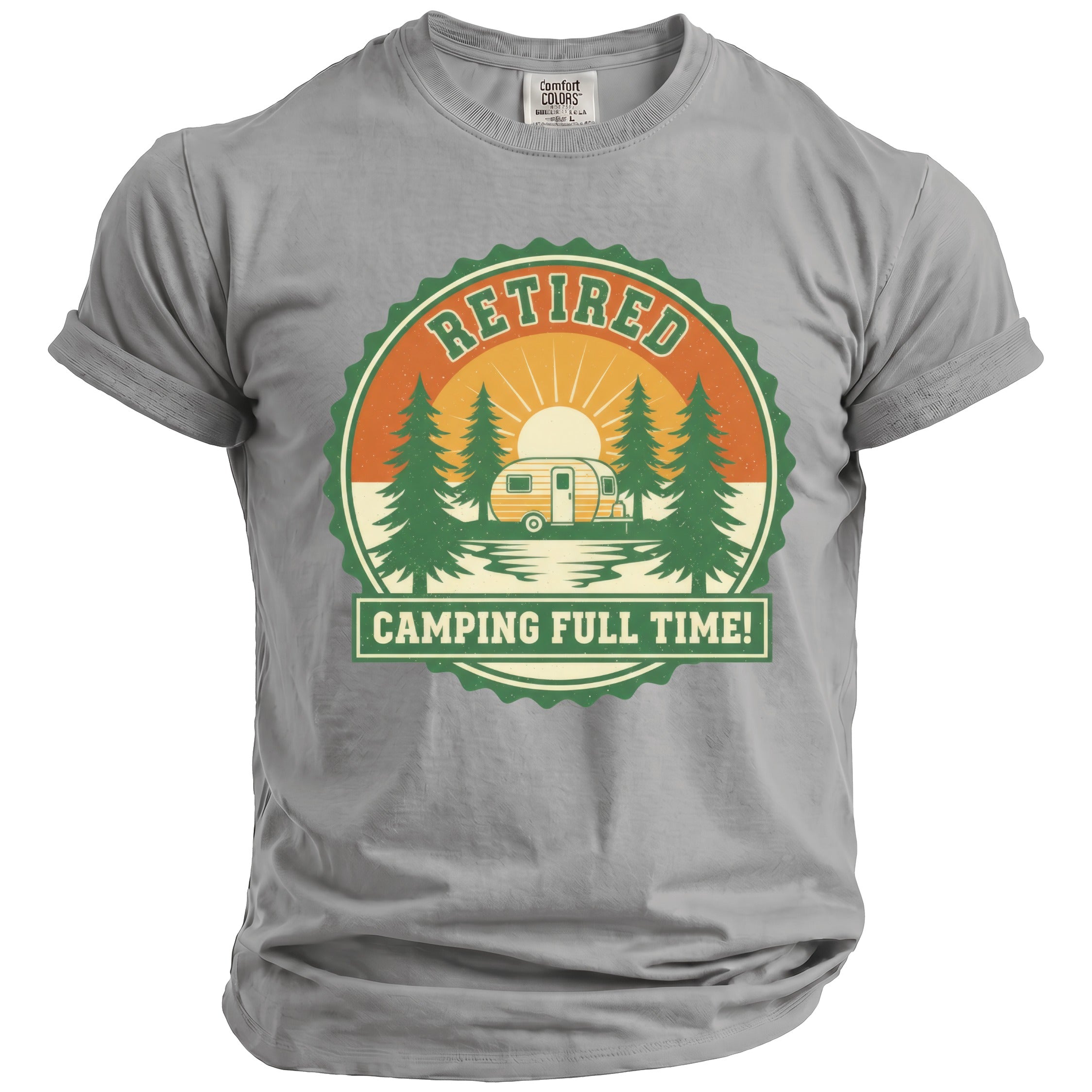 T-shirt graphic with text "RETIRED CAMPING FULL TIME" and a vintage camper scene.