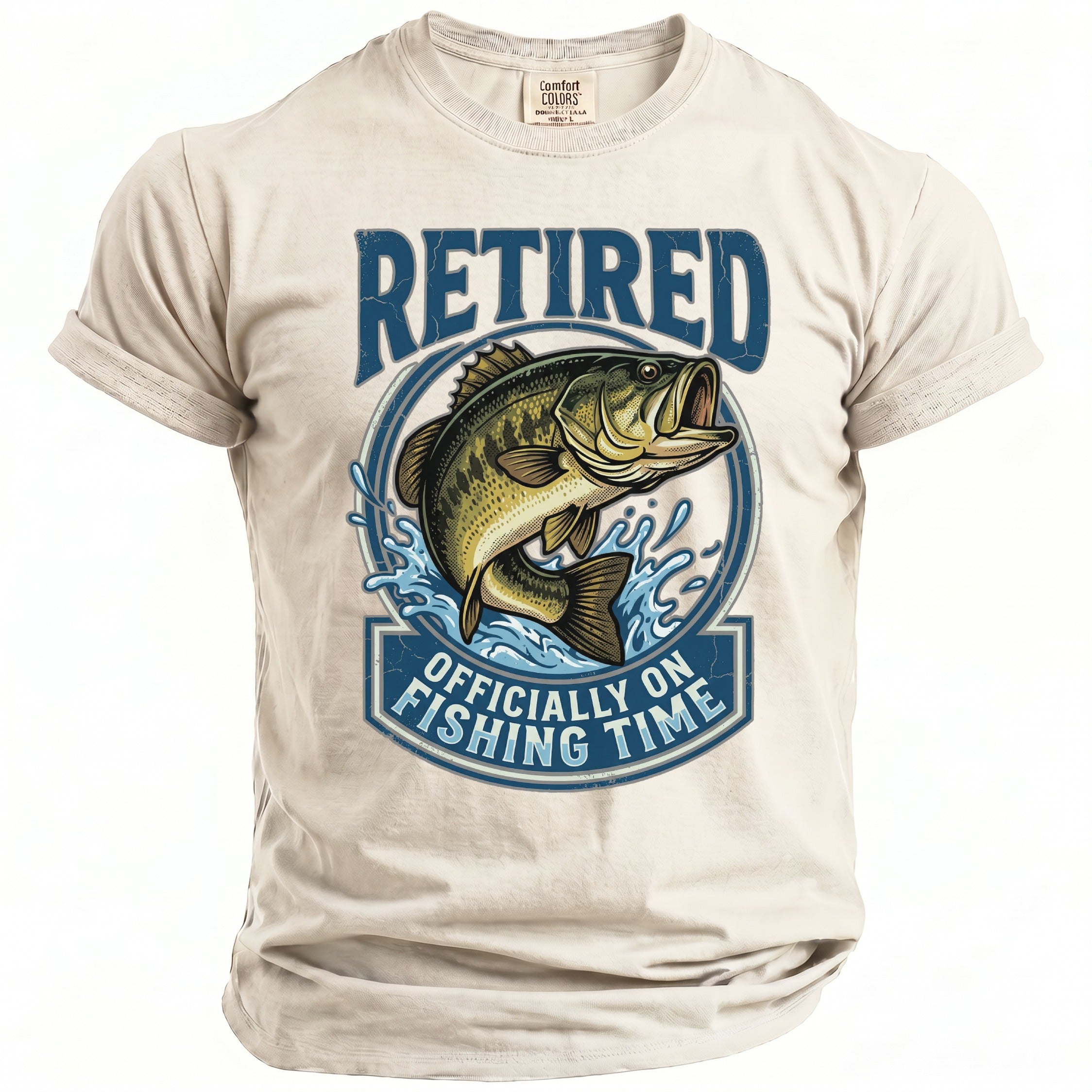 T-shirt with graphic of bass fish jumping from water, text "RETIRED" and "OFFICIALLY ON FISHING TIME".