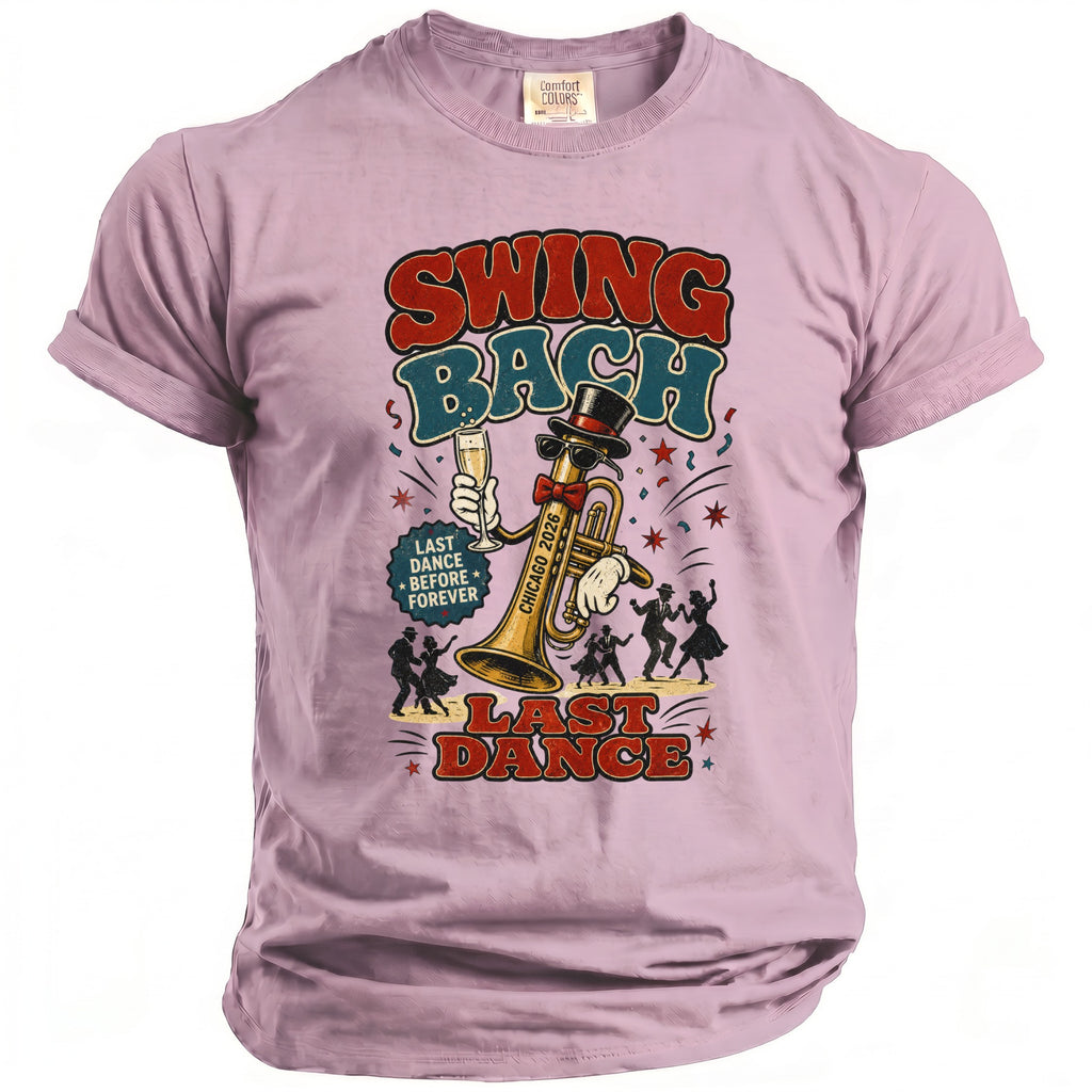 T-shirt with "Swing Bach Last Dance" graphic, a trumpet, and dancing figures.