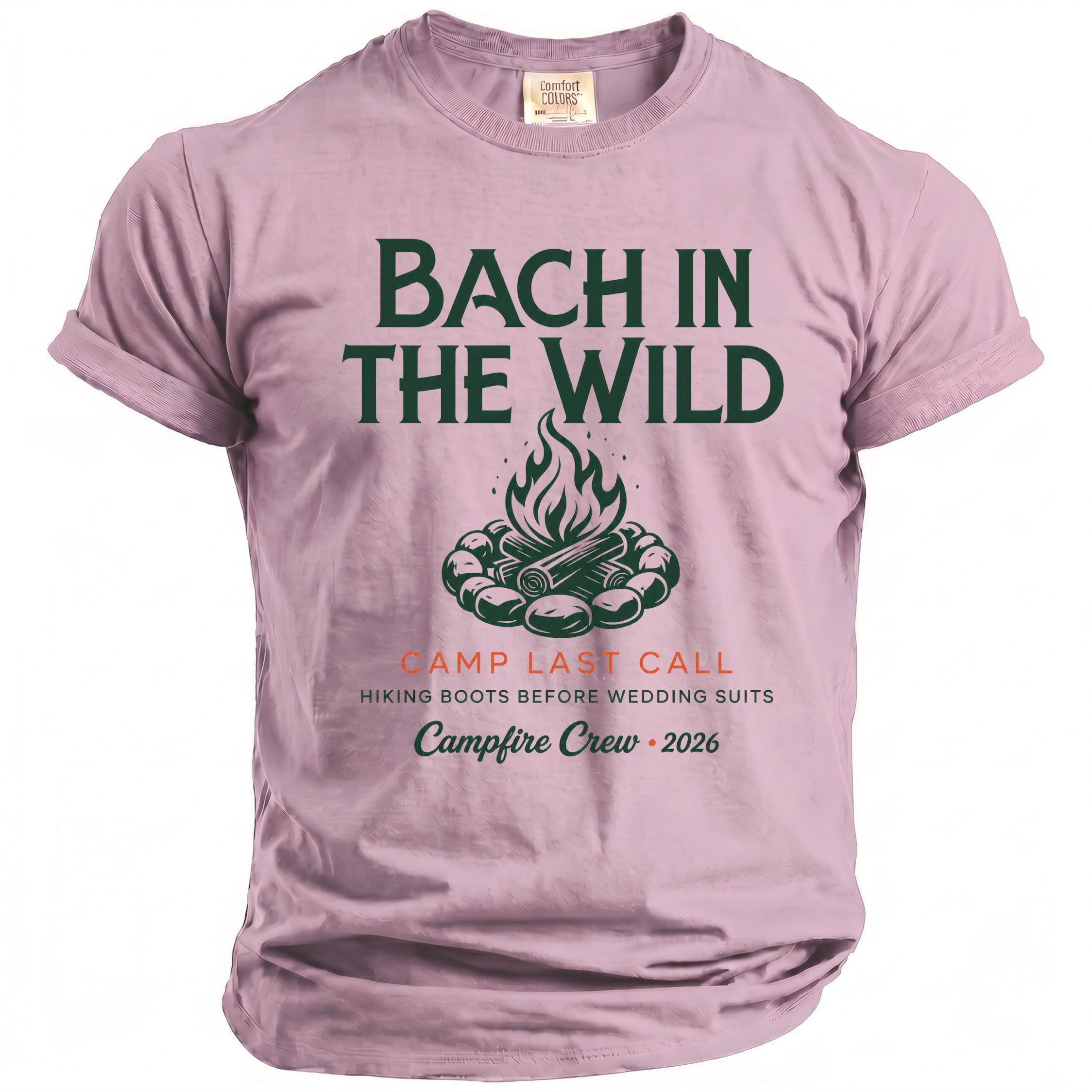 Pink t-shirt with "Bach In The Wild" text, campfire graphic, and "Campfire Crew 2026".