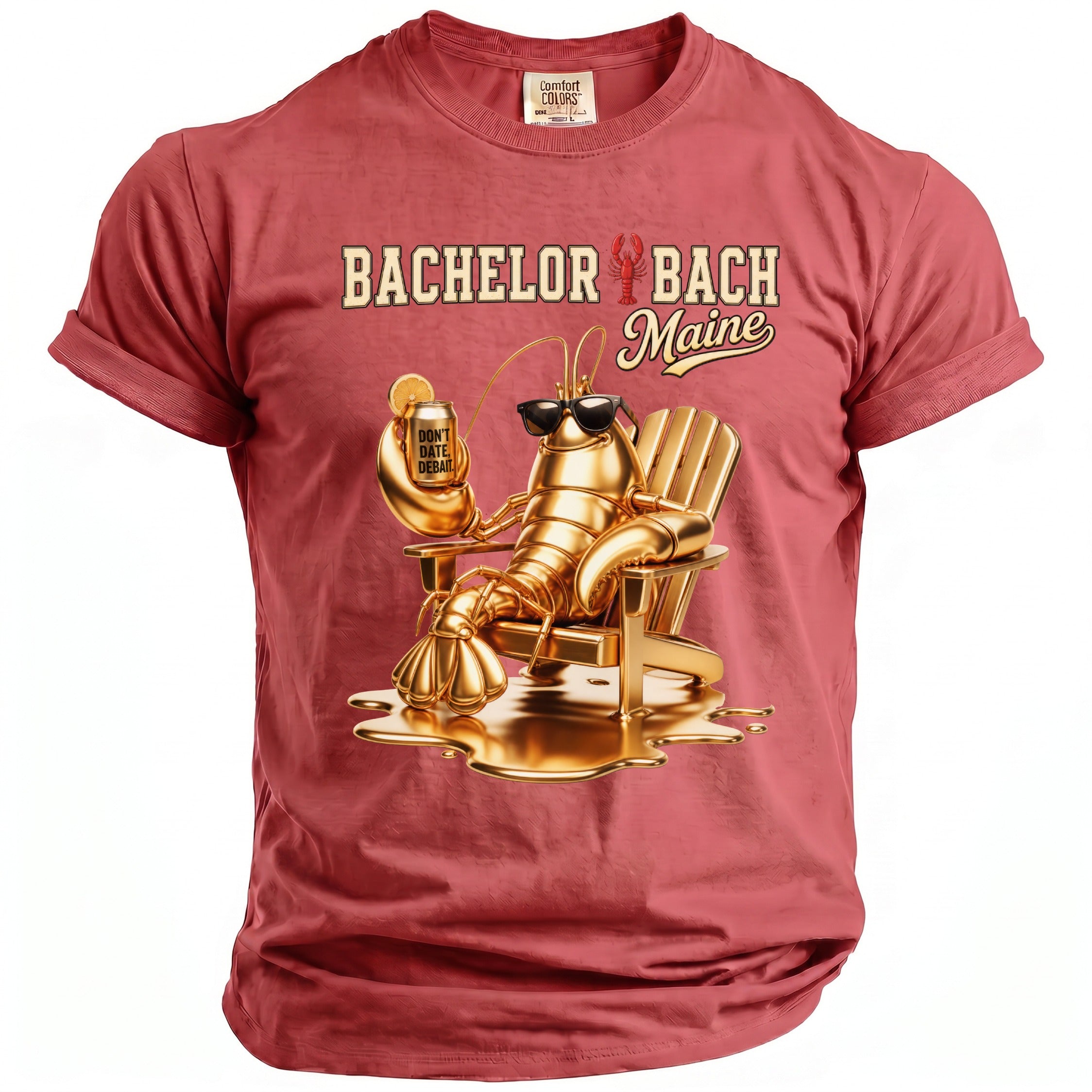 Golden lobster wearing sunglasses sits in Adirondack chair holding a can that says "Don't Date. Debate."