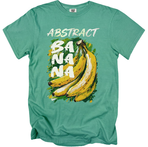 Green t-shirt with abstract banana art and "ABSTRACT BANANA" text.