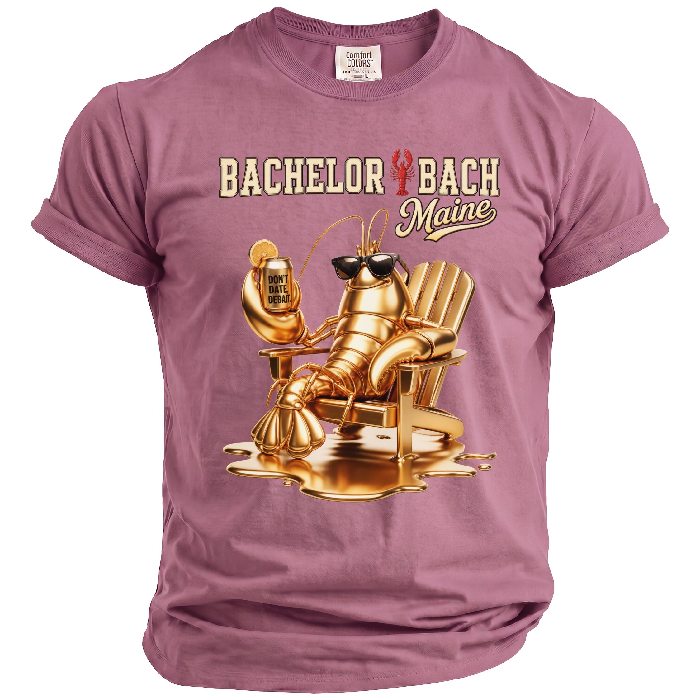 Golden lobster with sunglasses holds drink on a pink t-shirt with "Bachelor Bach Maine" text.