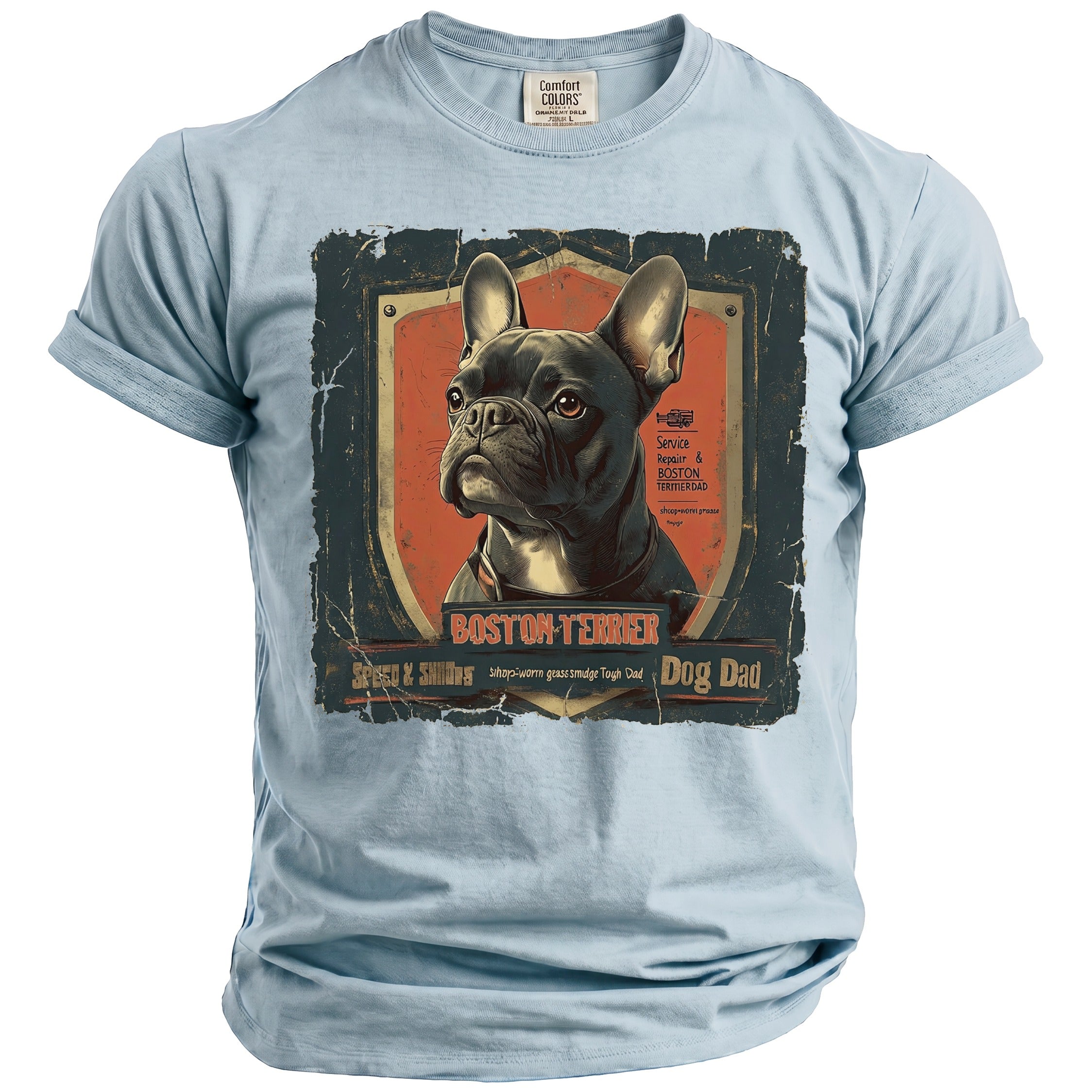 Light blue t-shirt with a distressed graphic of a Boston Terrier.