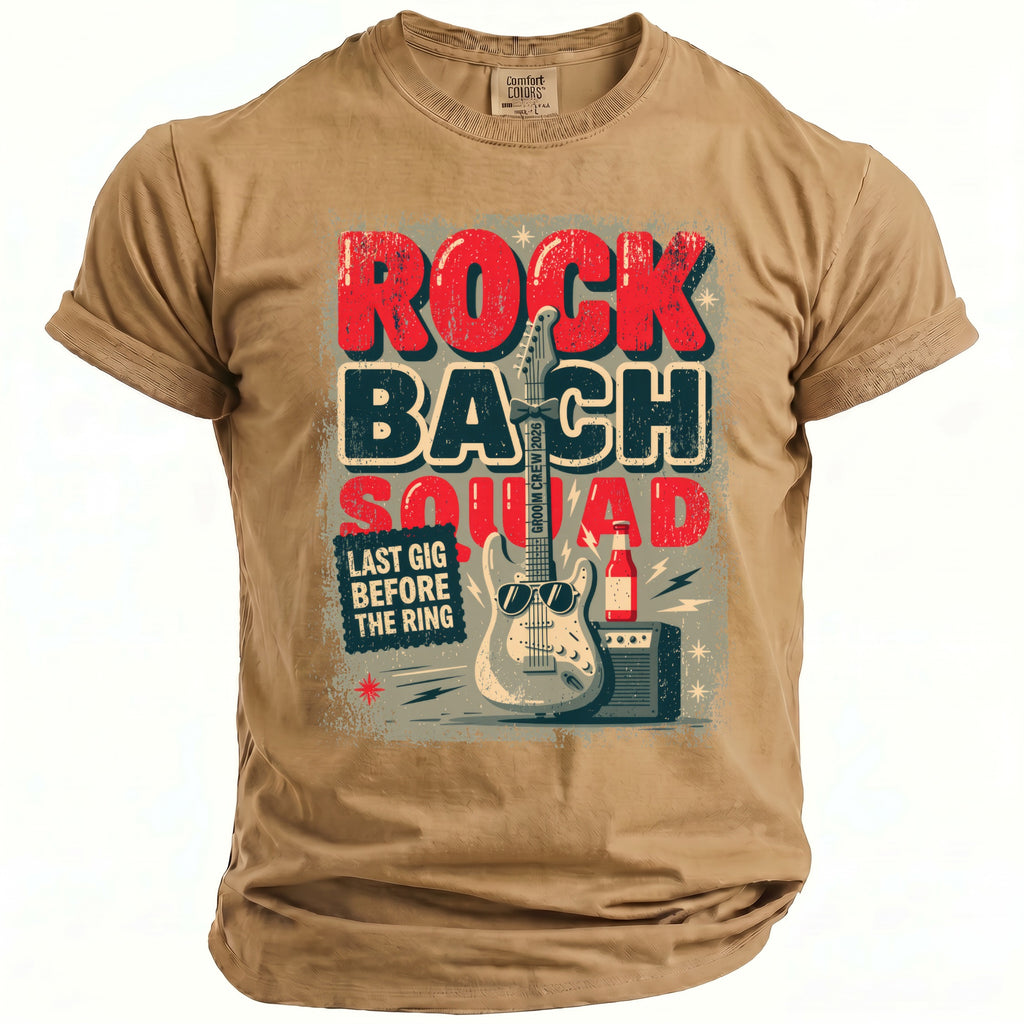 Tan t-shirt with "Rock Bach Squad Last Gig Before The Ring" graphic.