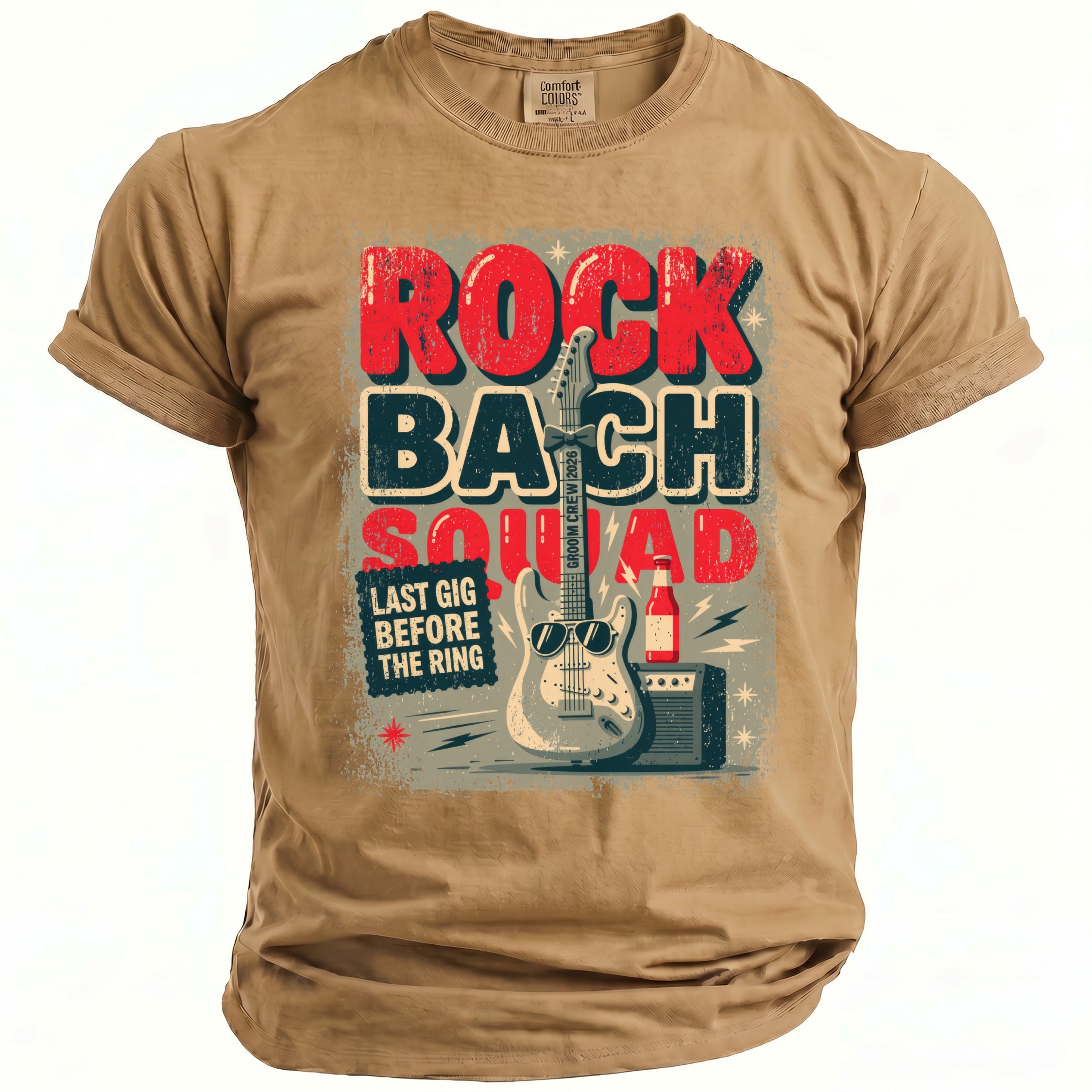 Tan t-shirt with "Rock Bach Squad Last Gig Before The Ring" graphic.
