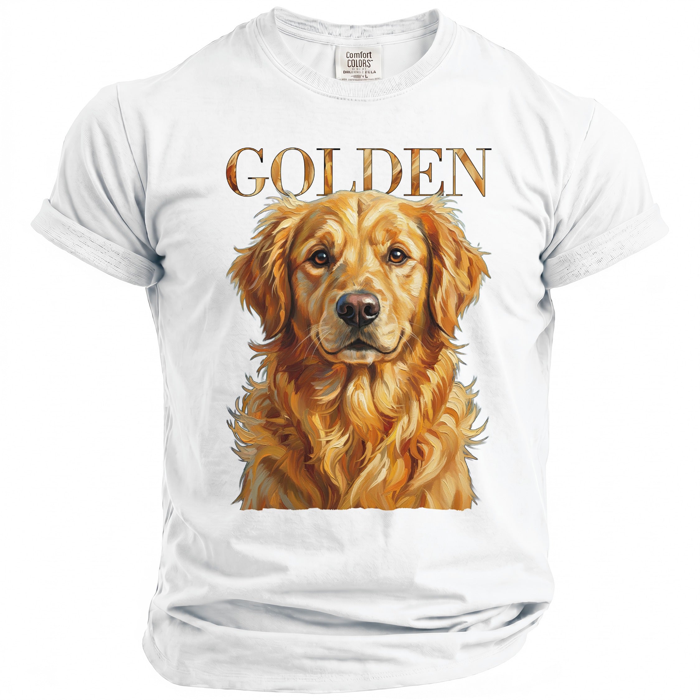 White t-shirt featuring a Golden Retriever portrait and "GOLDEN" text.