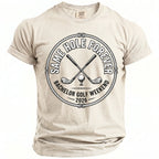 T-shirt with "Same Hole Forever Bachelor Golf Weekend 2026" text and crossed golf clubs.