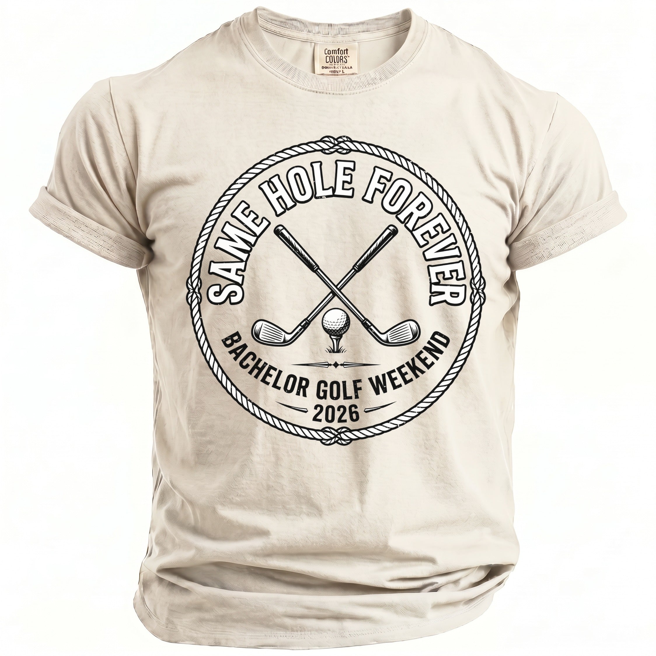 T-shirt with "Same Hole Forever Bachelor Golf Weekend 2026" text and crossed golf clubs.