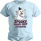 Light blue shirt with a cartoon ghost labeled "GROOM" and "SPOOKY BOOZE CREW".