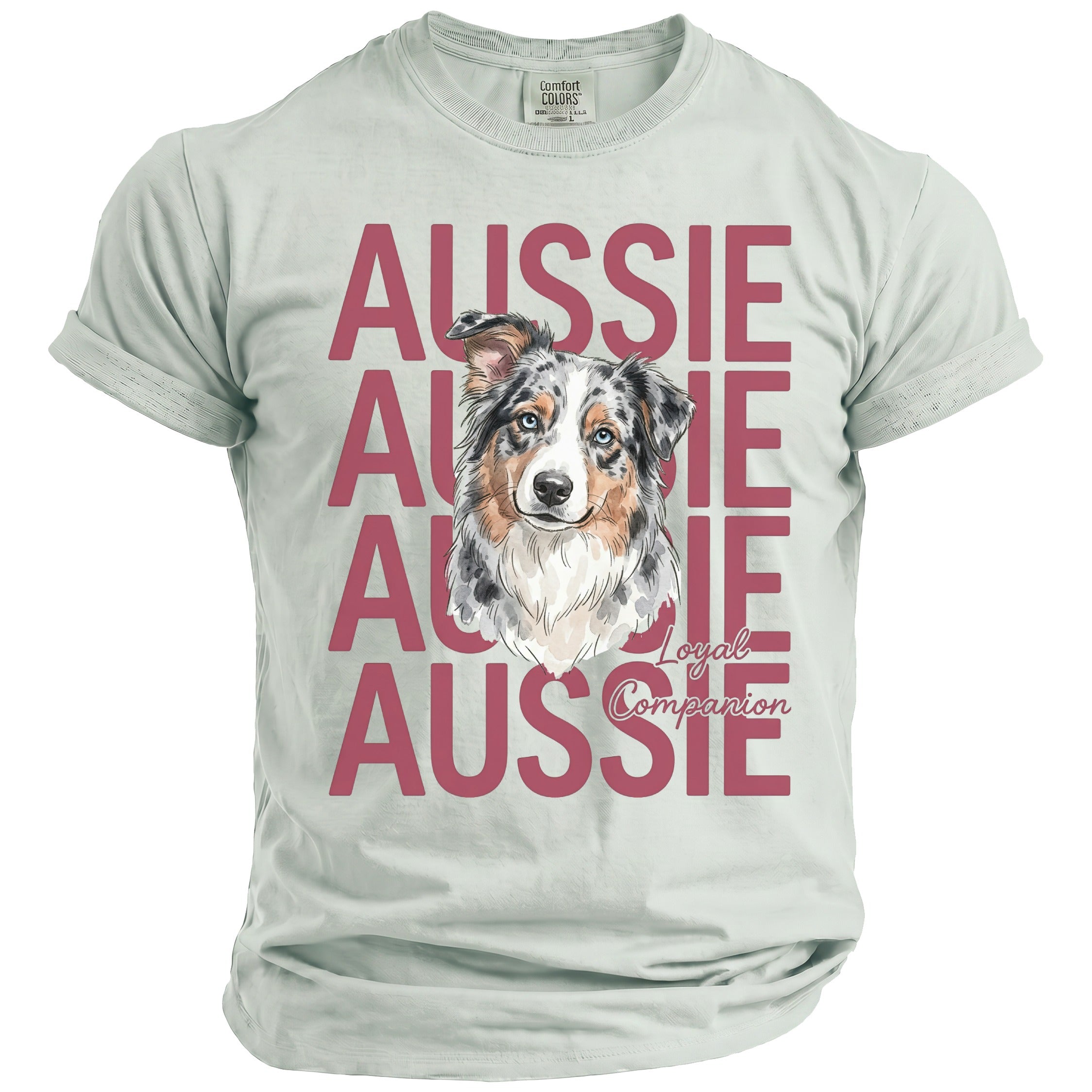 T-shirt with "AUSSIE" repeated and watercolor Australian Shepherd dog portrait.