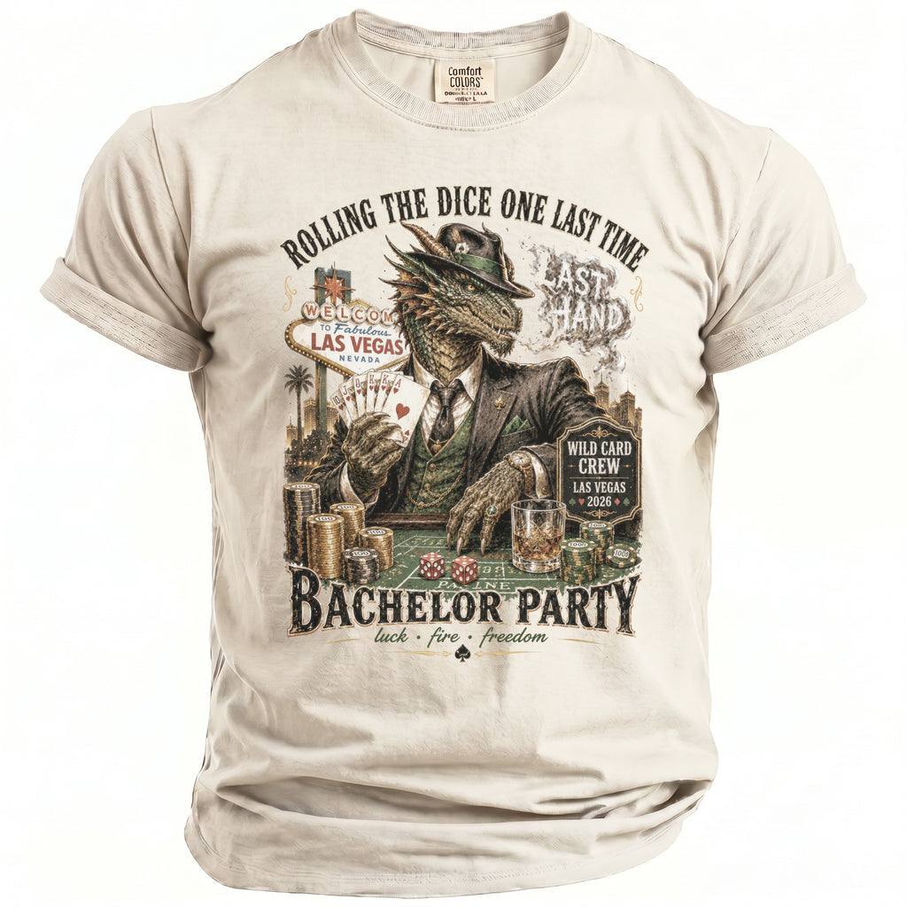 T-shirt with dragon in suit playing cards, Las Vegas, and "Bachelor Party" text.