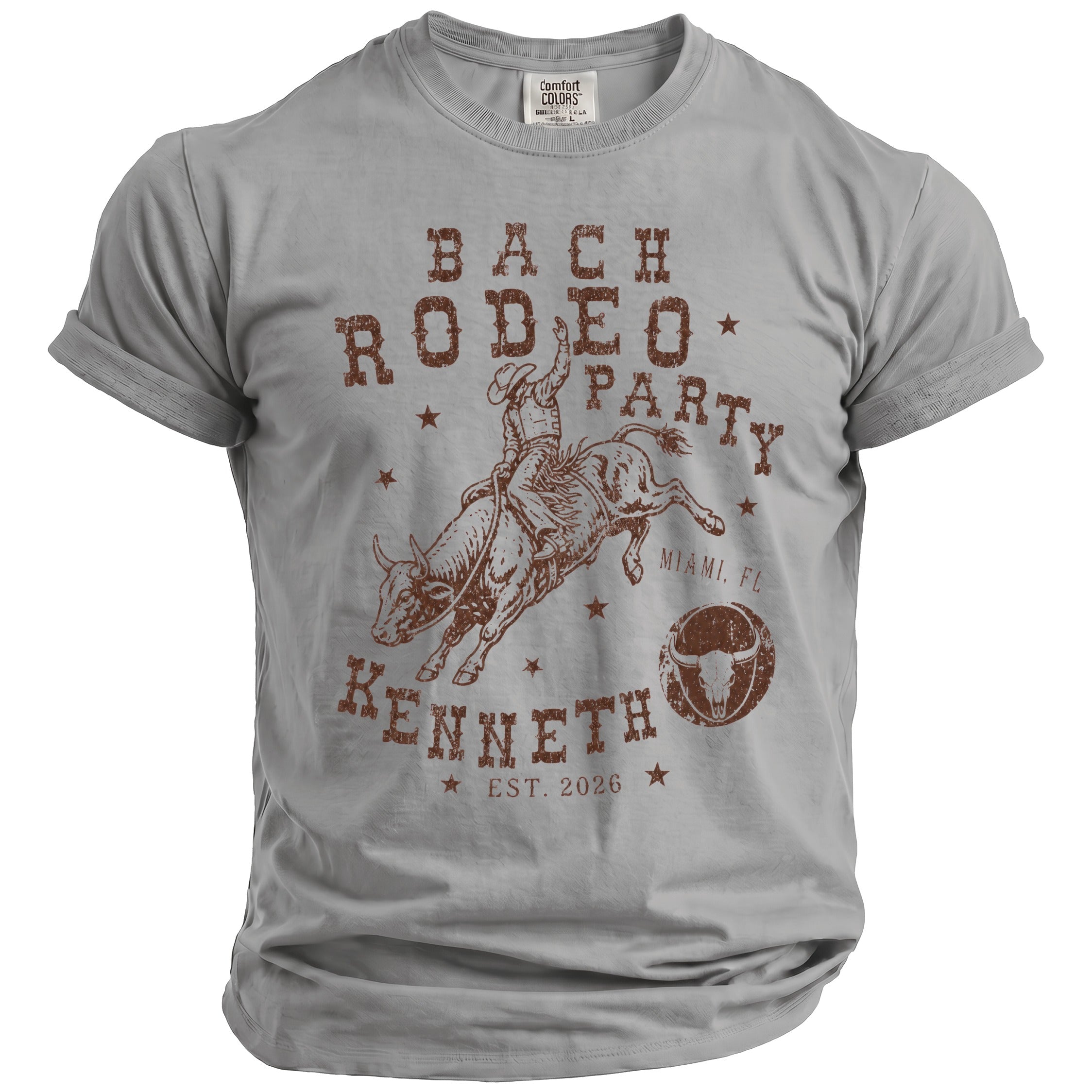 Grey t-shirt with "Bach Rodeo Party", "Kenneth", and bull rider graphic.
