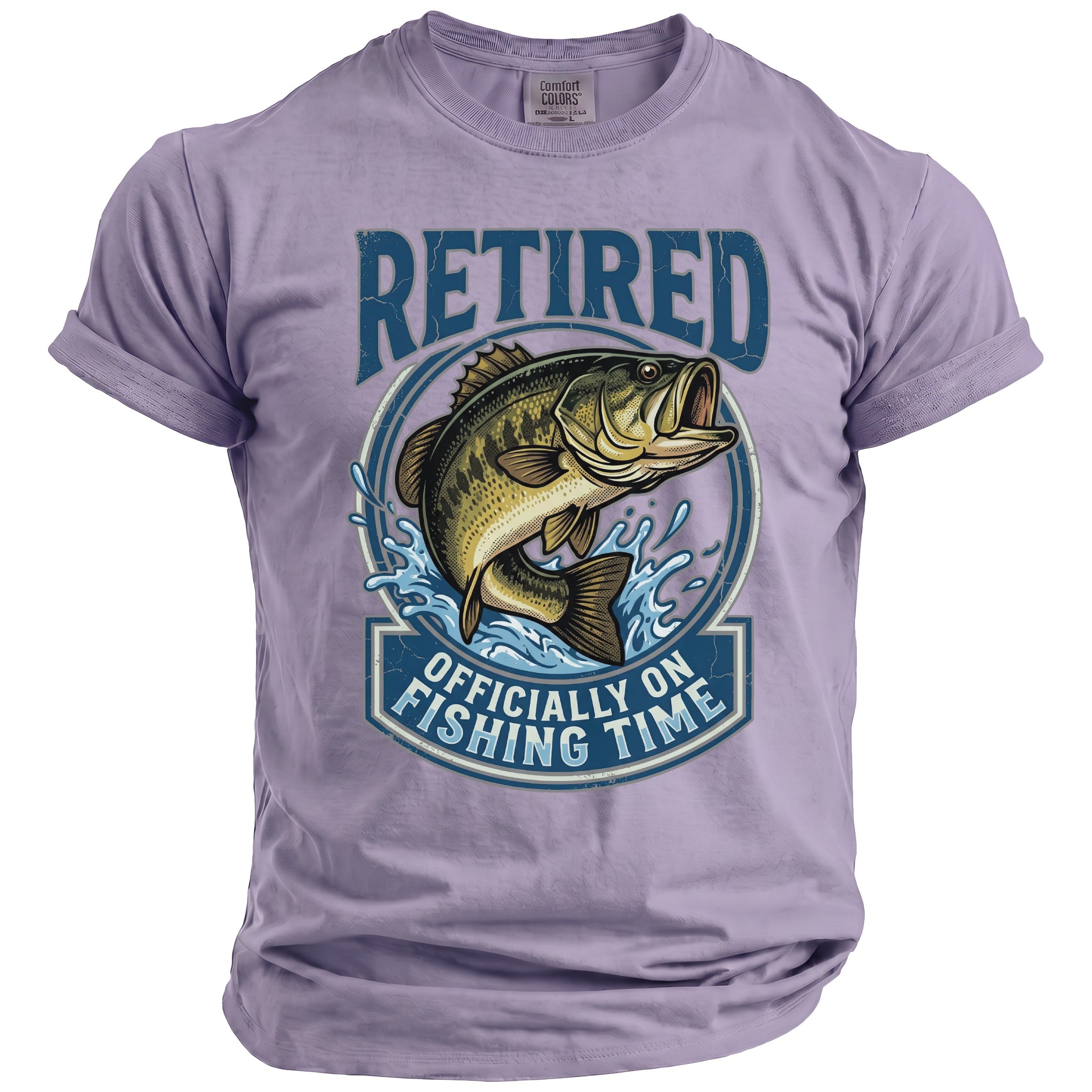 T-shirt with distressed graphic reading "Retired Officially On Fishing Time" and a leaping bass.