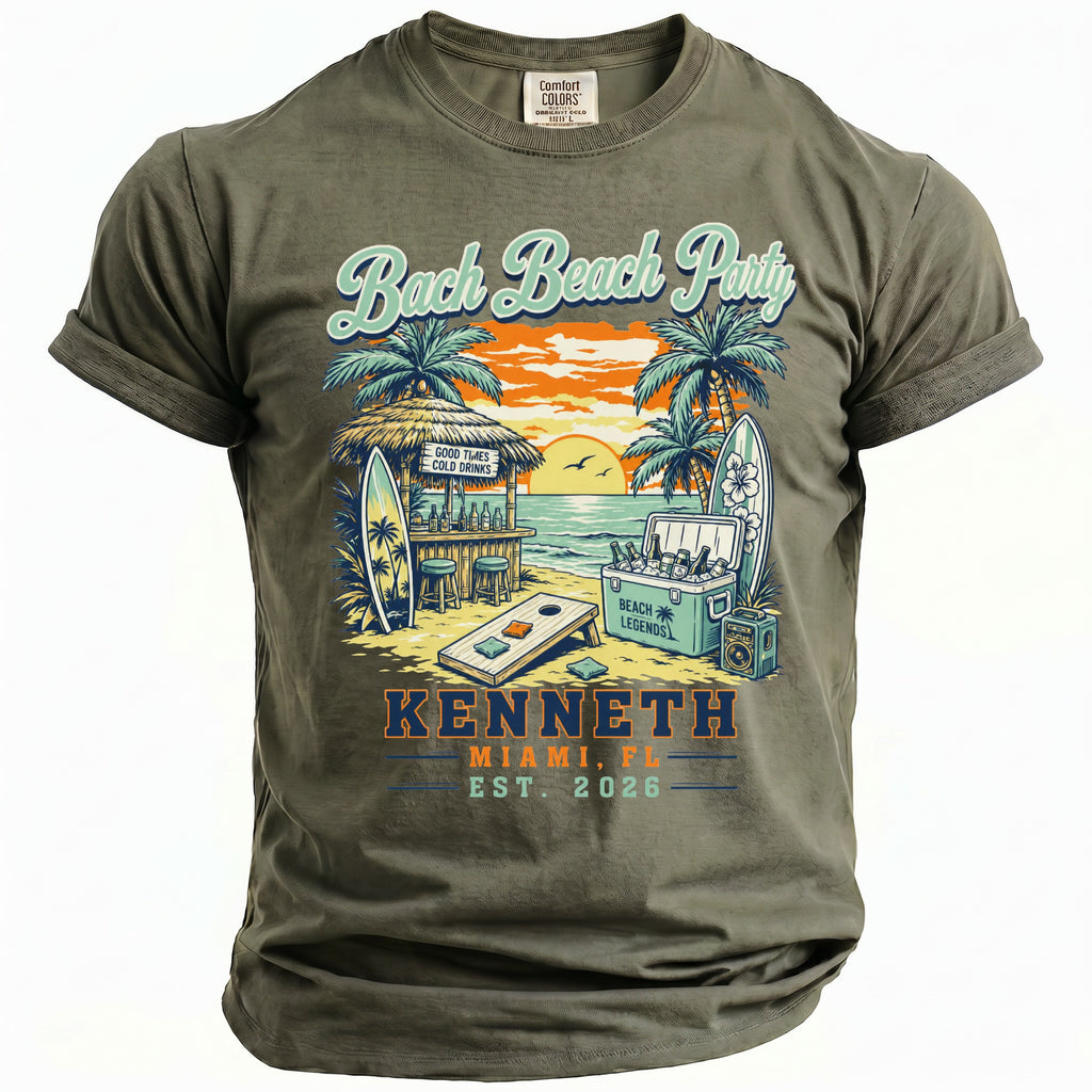T-shirt graphic: beach party scene with text "Bach Beach Party," "Kenneth," and "Miami, FL Est. 2026."