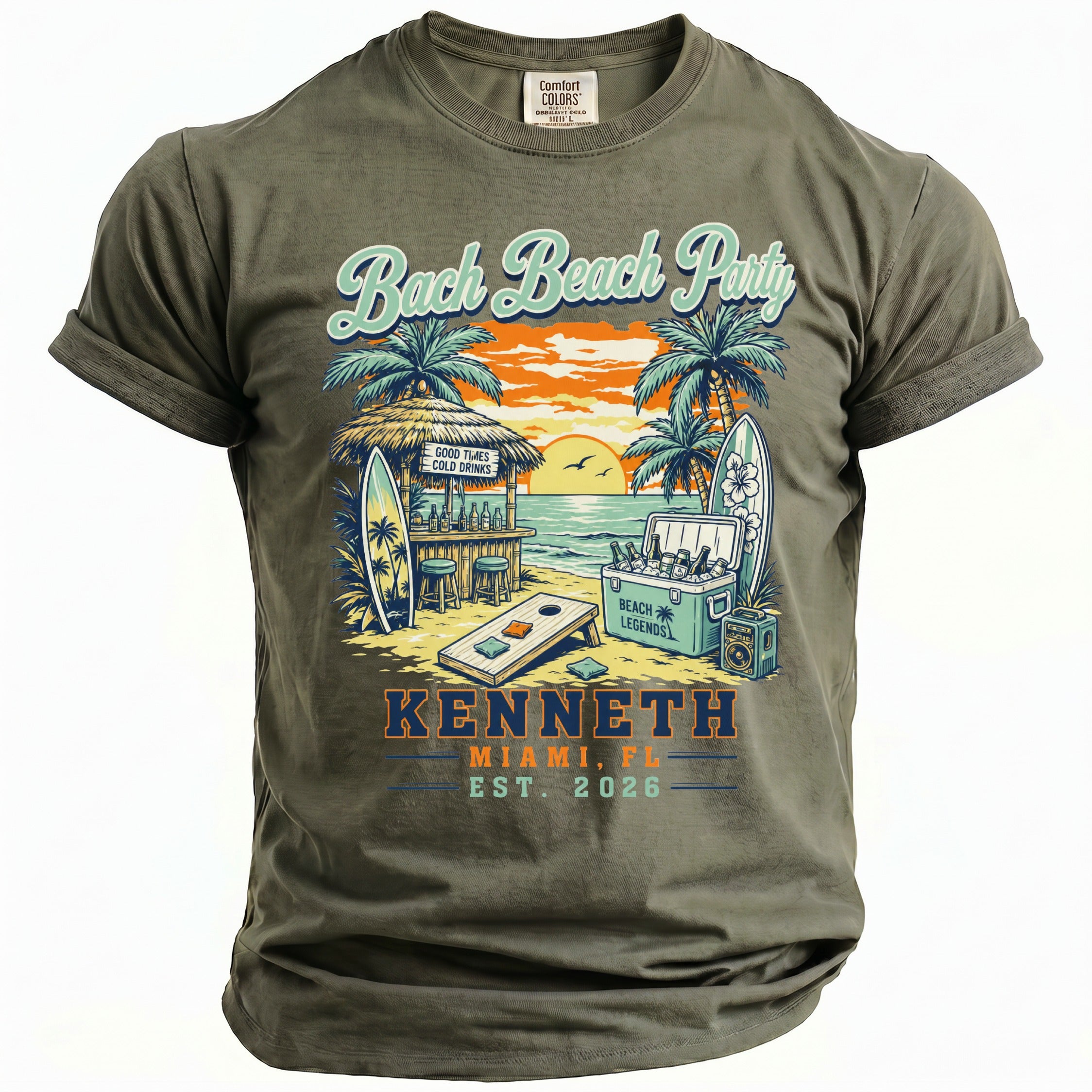 T-shirt graphic: beach party scene with text "Bach Beach Party," "Kenneth," and "Miami, FL Est. 2026."