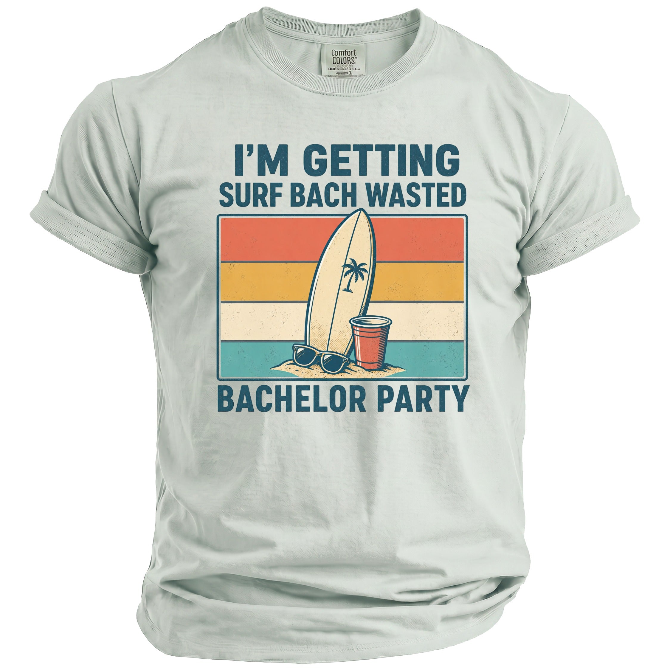 Surf bachelor party graphic tee with surfboard, cup, sunglasses, and text.
