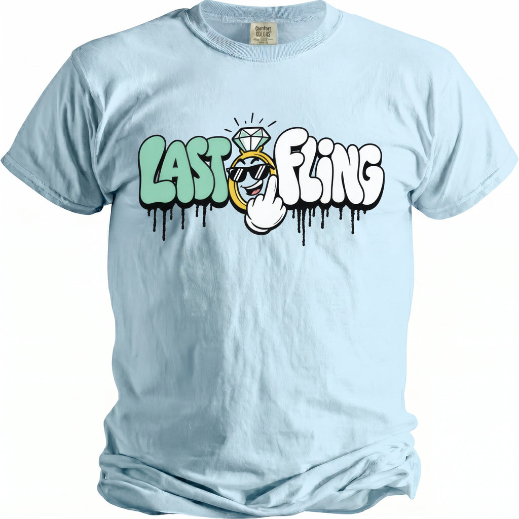 Light blue t-shirt with "Last Fling" text and a cartoon diamond ring.