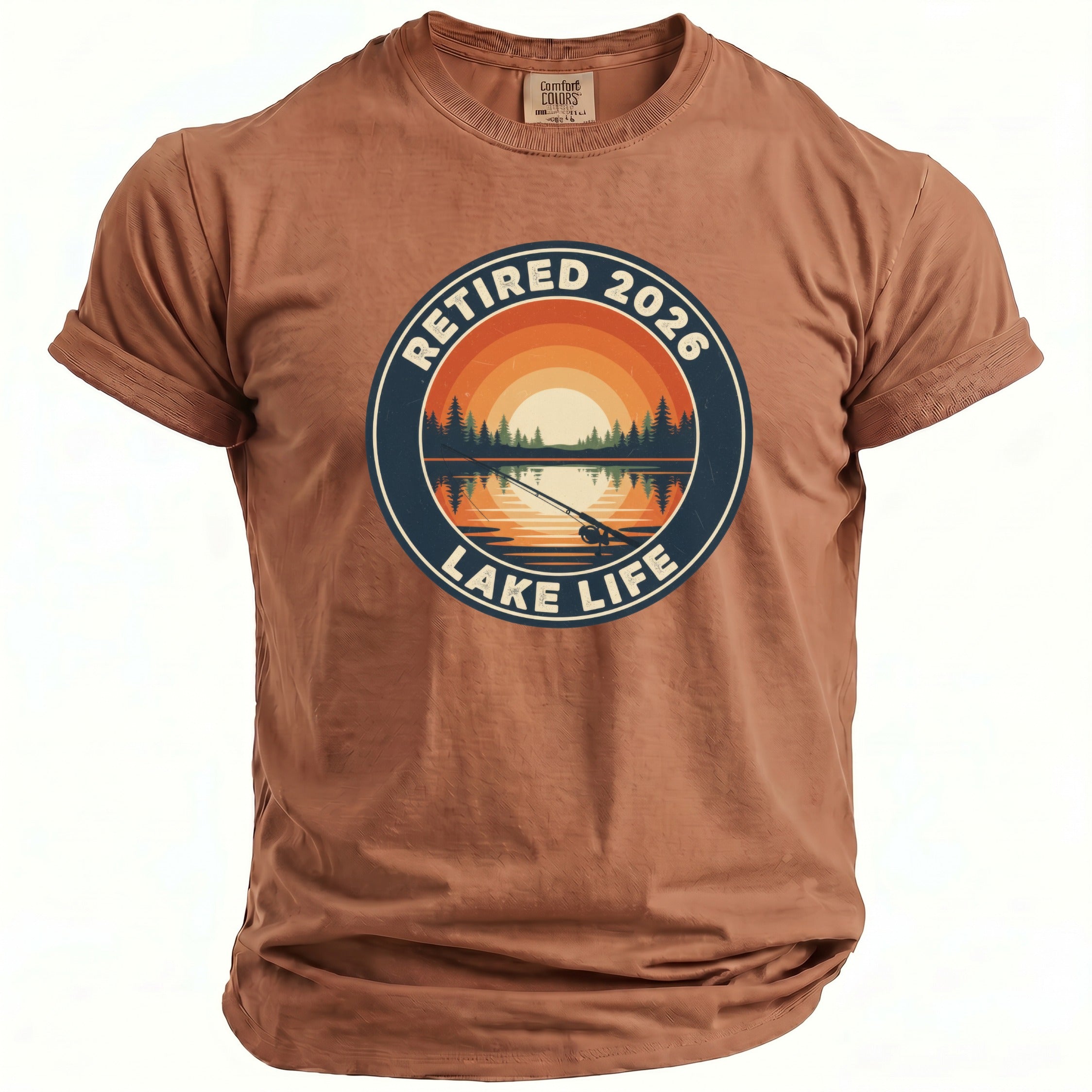 Brown t-shirt with "Retired 2026 Lake Life" circular graphic of a lake sunset.
