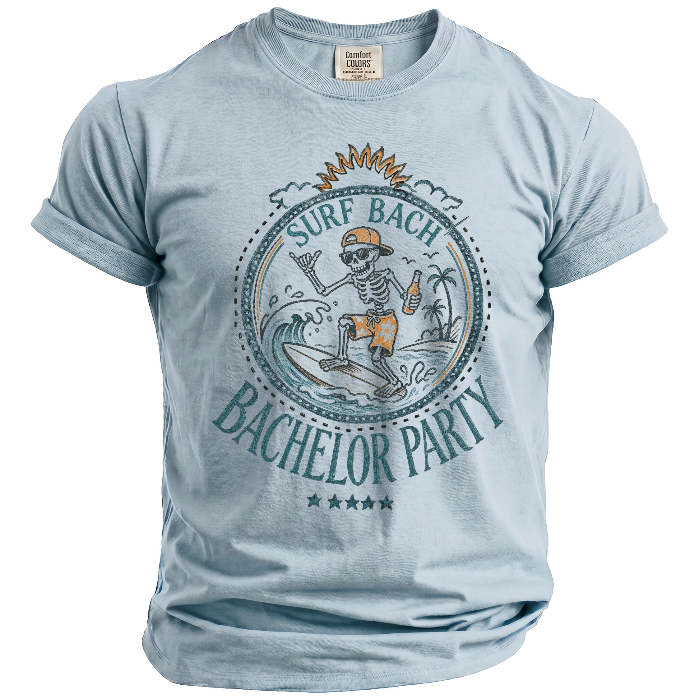 Light blue t-shirt with "Surf Bach Bachelor Party" graphic of a skeleton surfing.