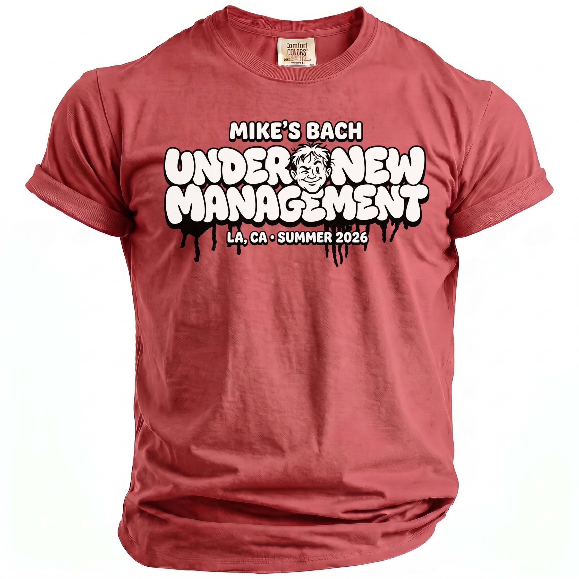 Red t-shirt with "MIKE'S BACH UNDER NEW MANAGEMENT LA, CA SUMMER 2026" graphic.