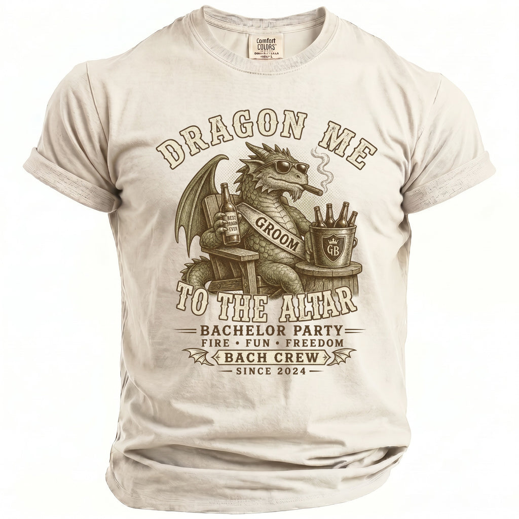 Dragon wearing sunglasses and sash saying "Groom" on a t-shirt.