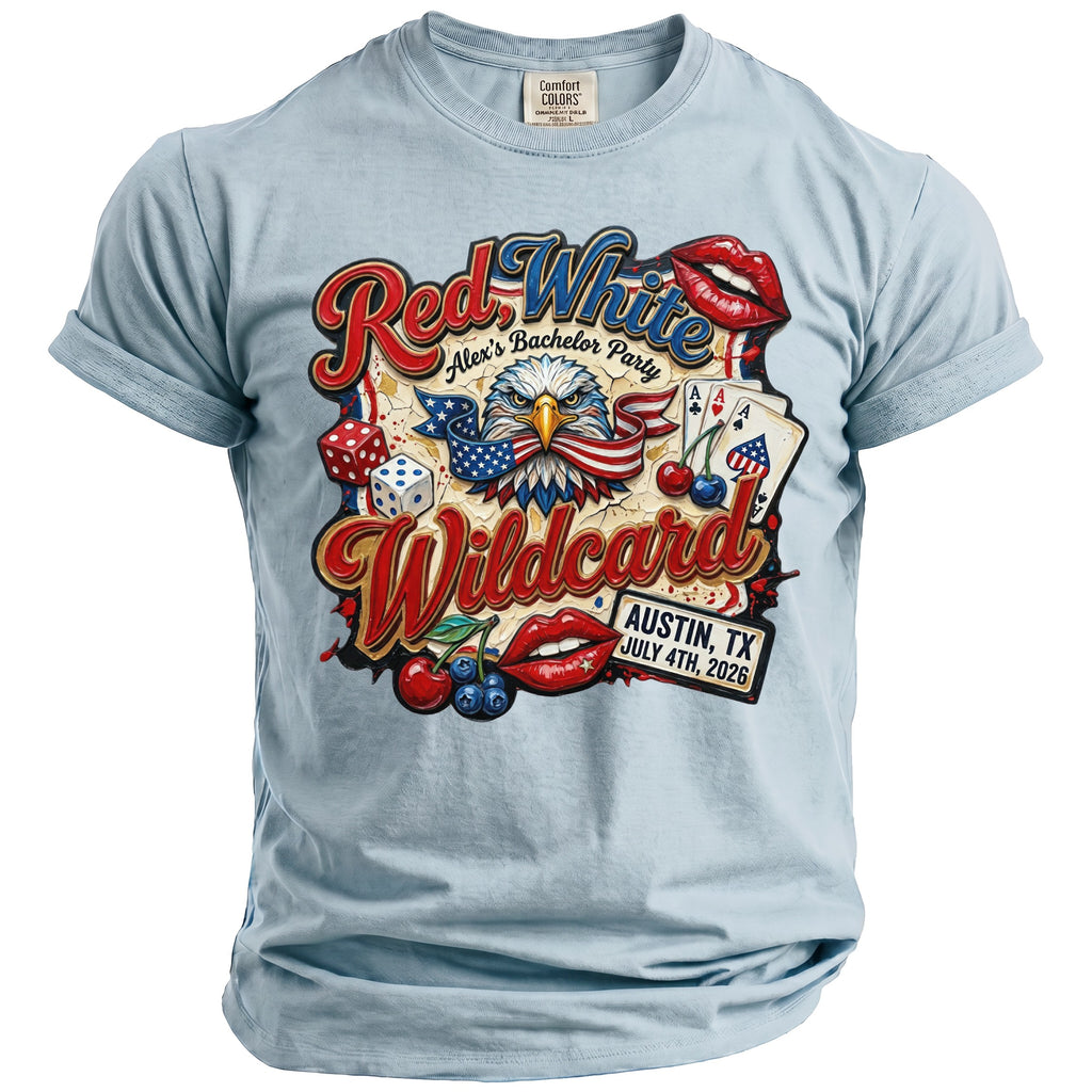Light blue t-shirt with "Red White Wildcard" text, eagle, dice, and cards.