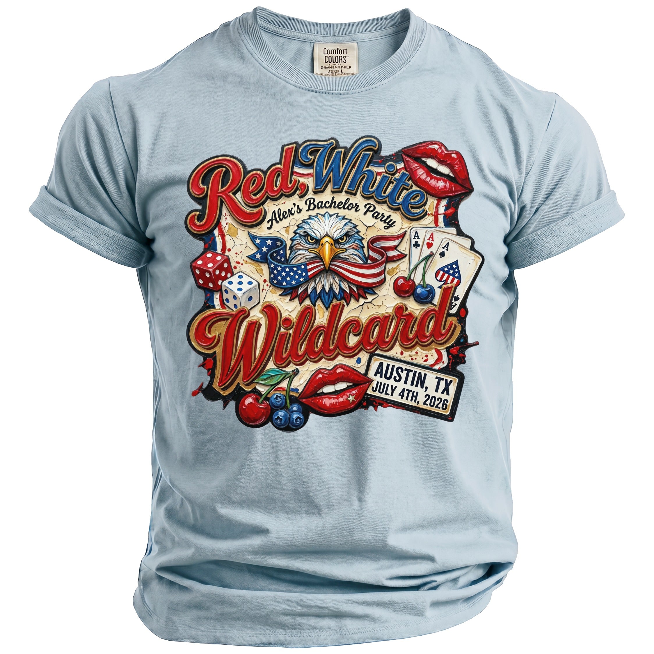 Light blue t-shirt with "Red White Wildcard" text, eagle, dice, and cards.