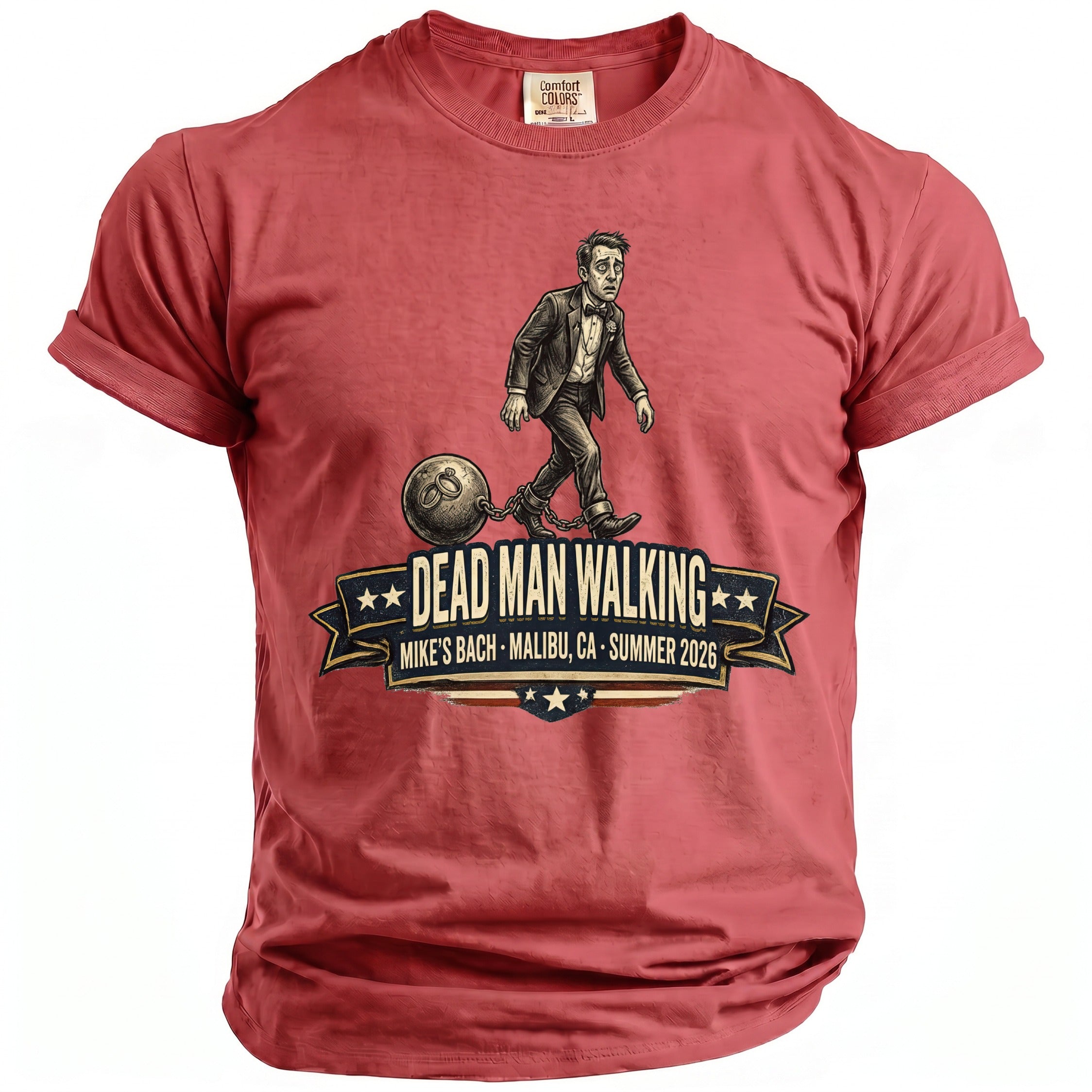 T-shirt with "Dead Man Walking" graphic, ball and chain, and event details.