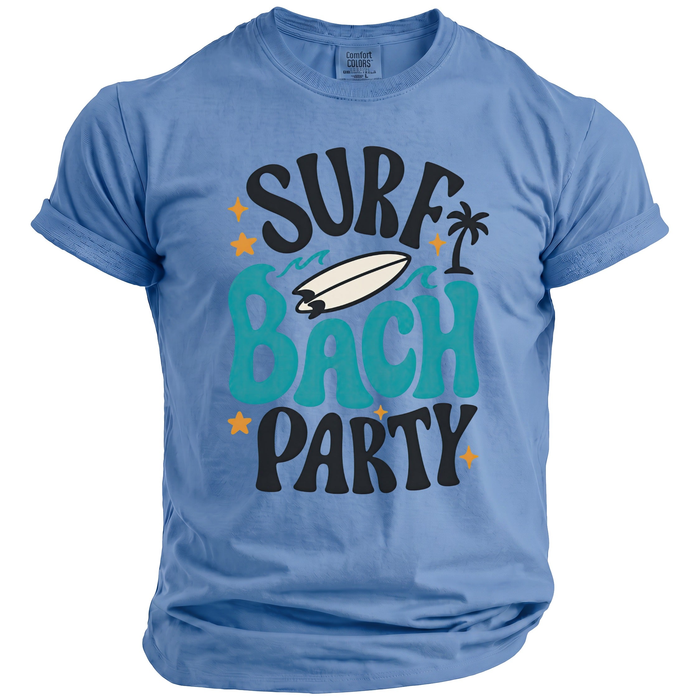 Blue t-shirt with "Surf Bach Party" text, surfboard, palm tree, and stars graphic.