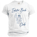 White Comfort Colors t-shirt with blue text and lobster graphic.
