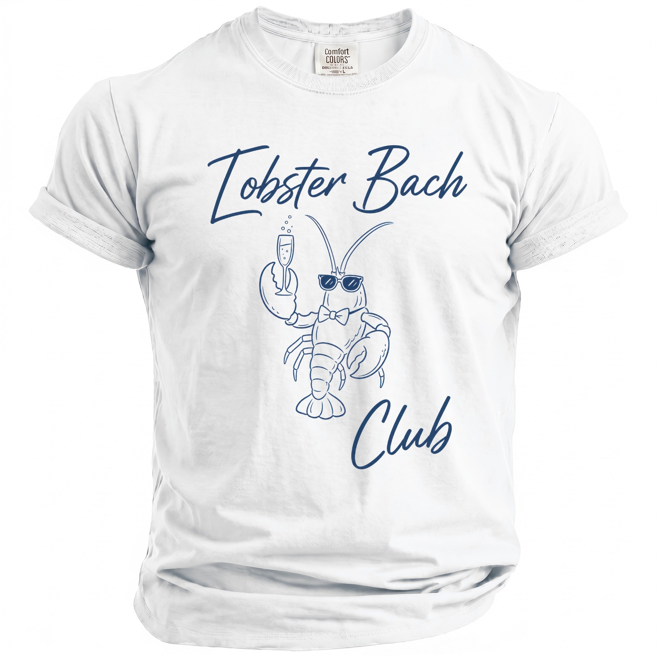 White Comfort Colors t-shirt with blue text and lobster graphic.