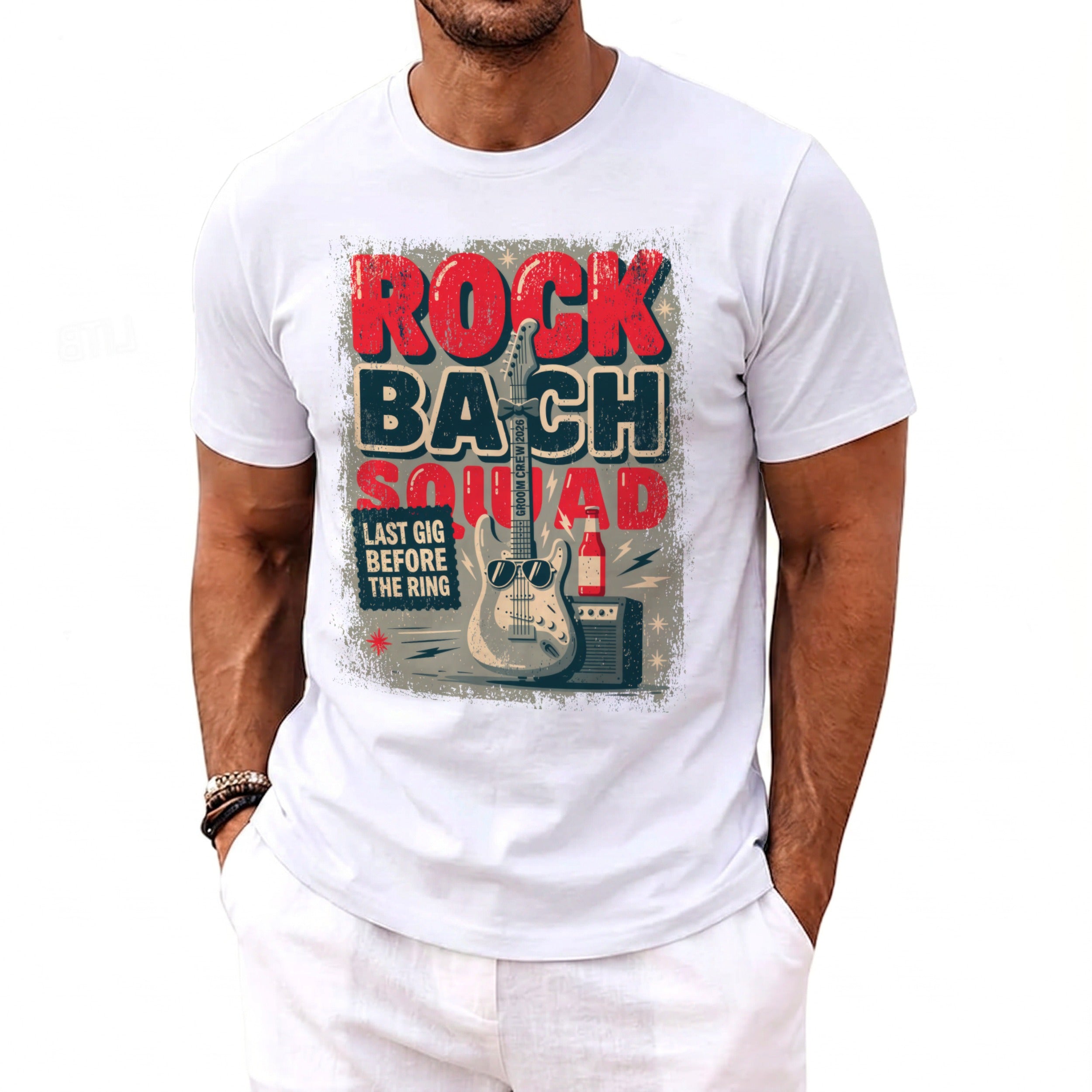 White t-shirt graphic with "ROCK BACH SQUAD LAST GIG BEFORE THE RING" text.